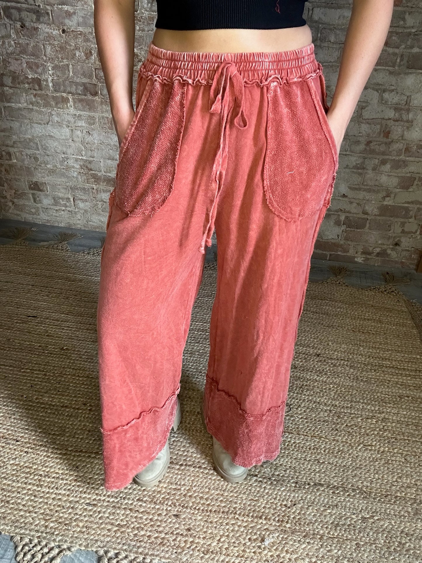 Mineral Washed Wide Legged Raw Hem Pants ~ Burnt Orange