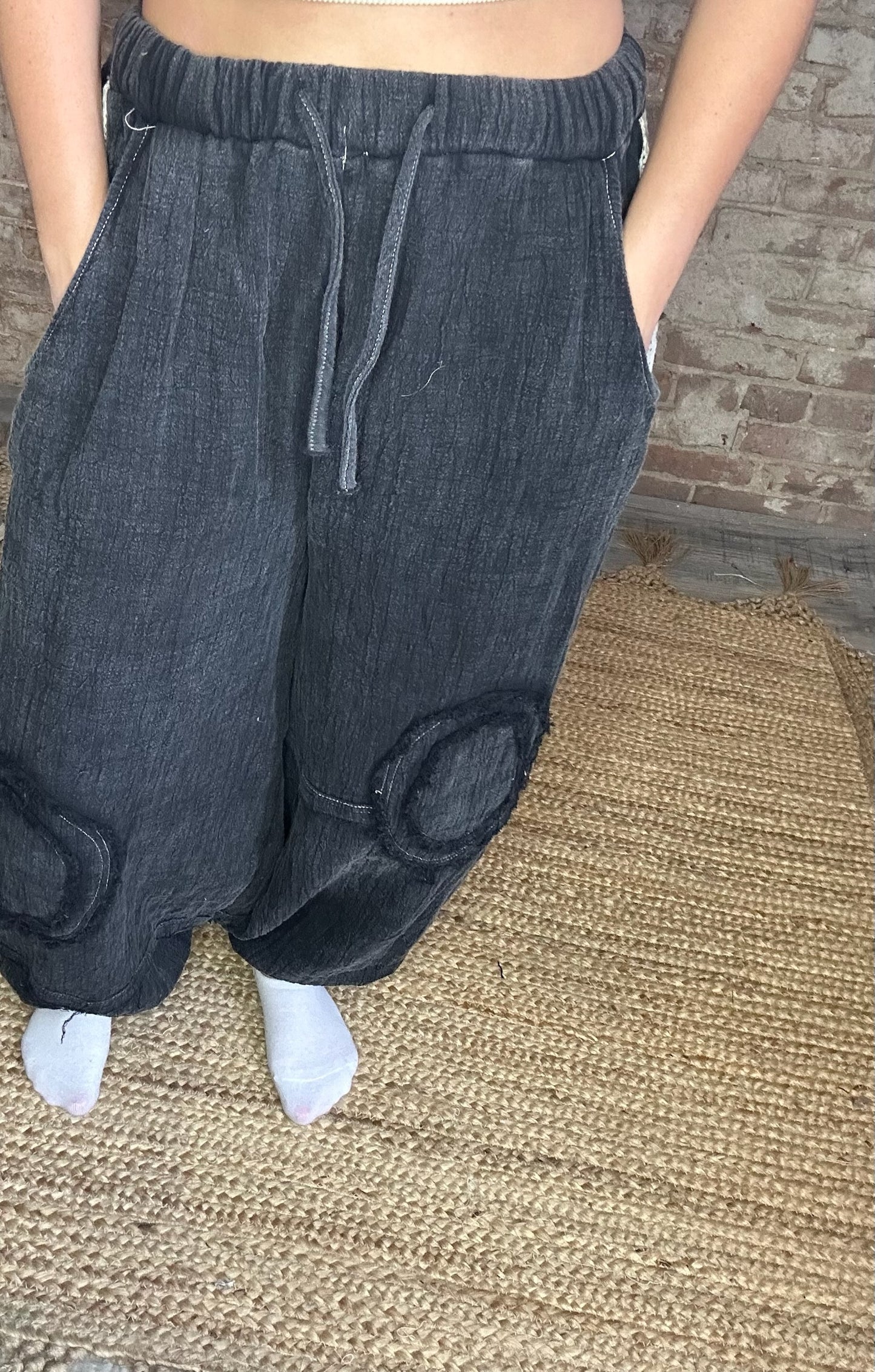 Black Jogger Pants with Gauze and Stud Details