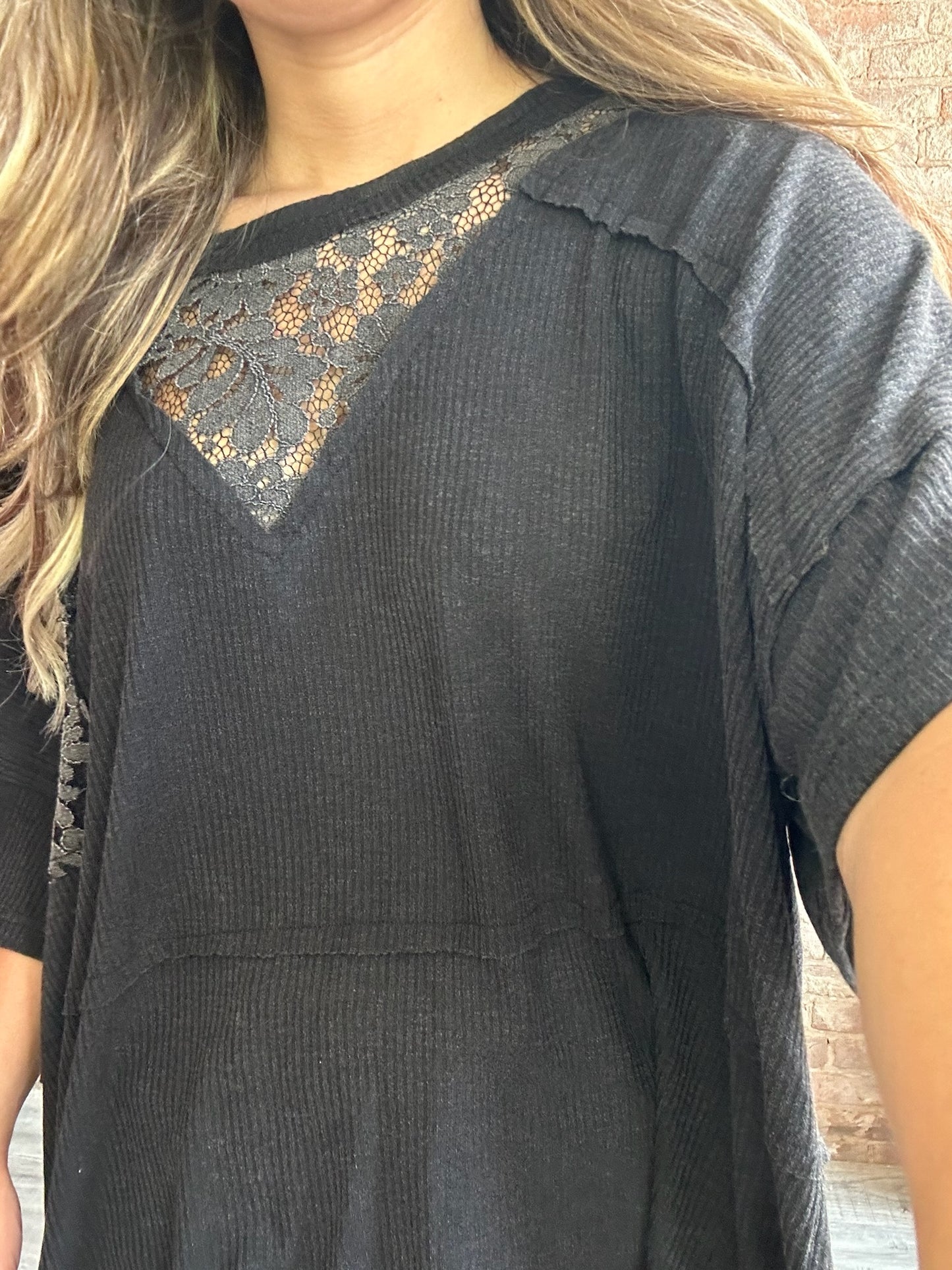 Short Sleeved Black Mixed Textured Shirt with Lace