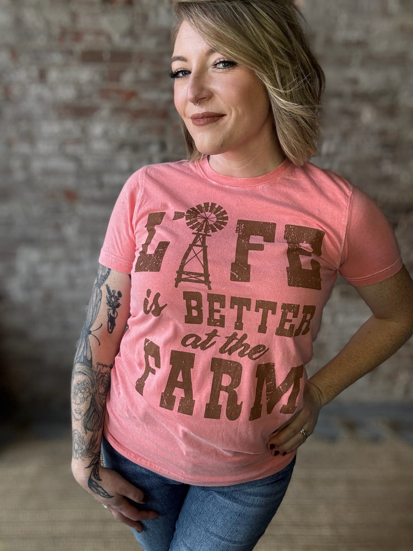 LIFE is Better at the Farm Mineral Wash Relaxed Fit ~ Coral