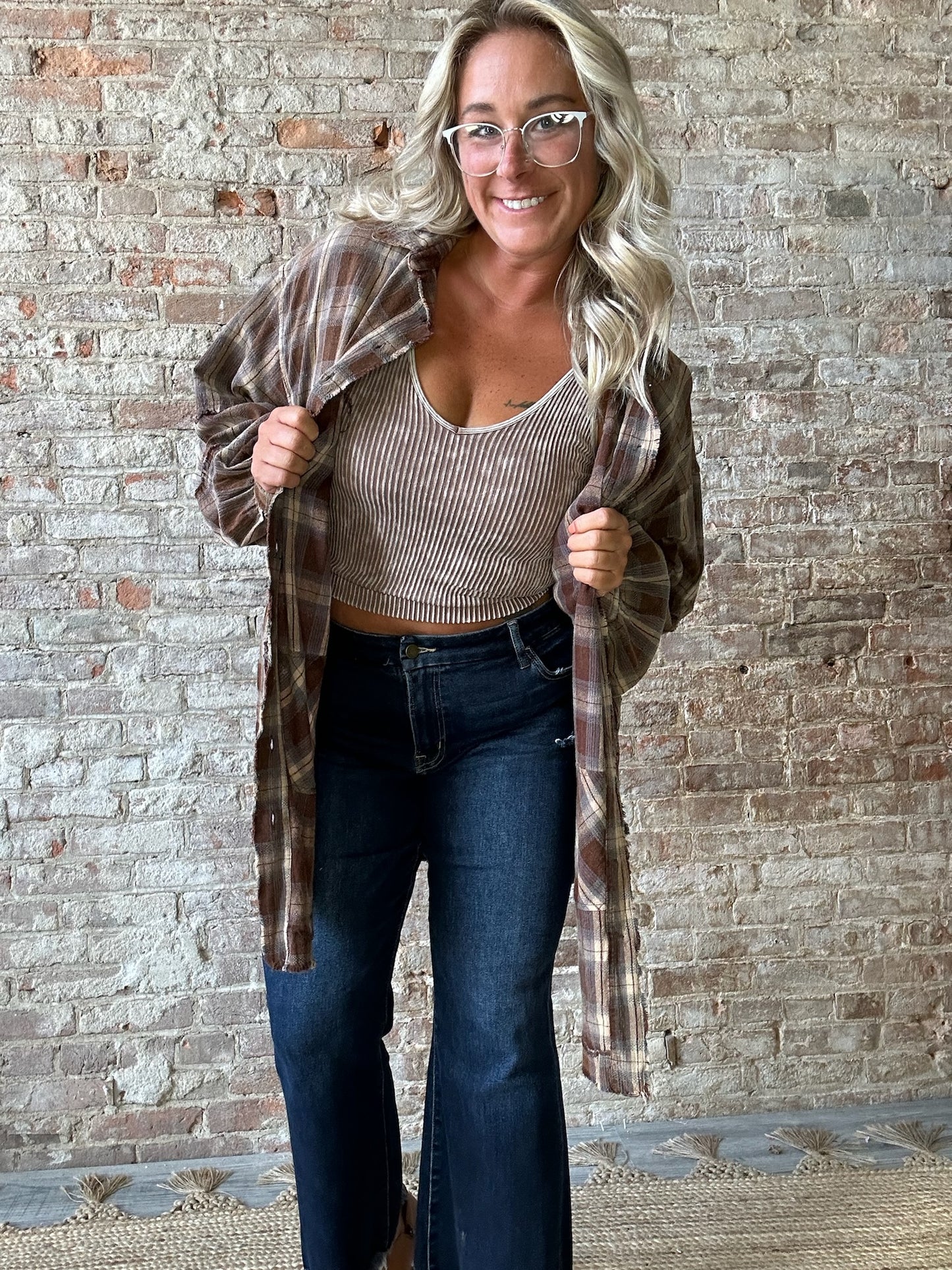 Curvy Mineral Washed Plaid Tunic ~ Coffee