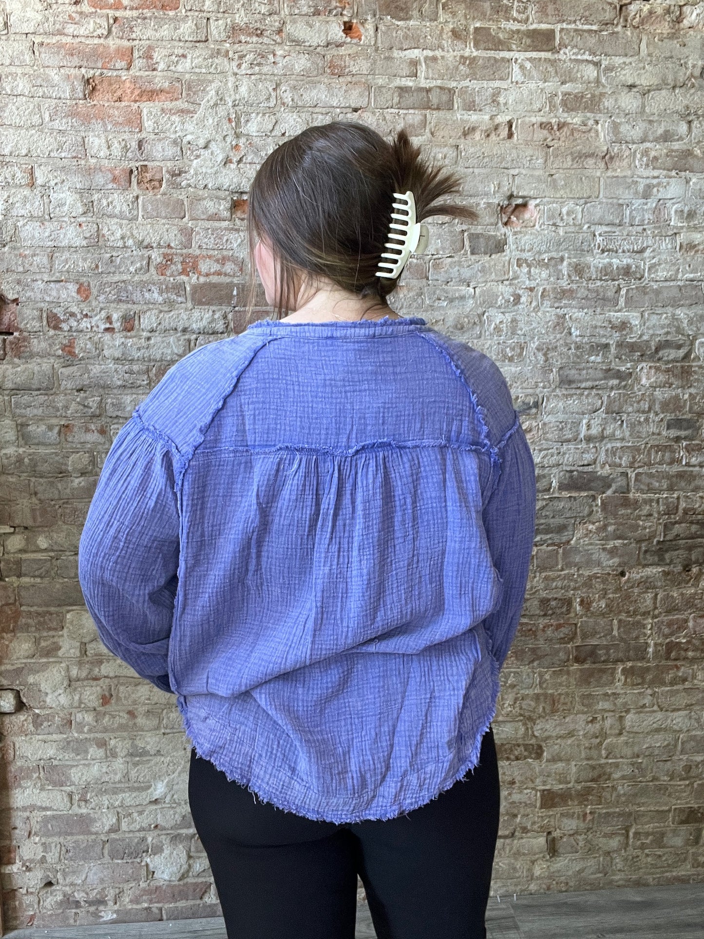 Curvy Button Distressed Hem Long Sleeve Top