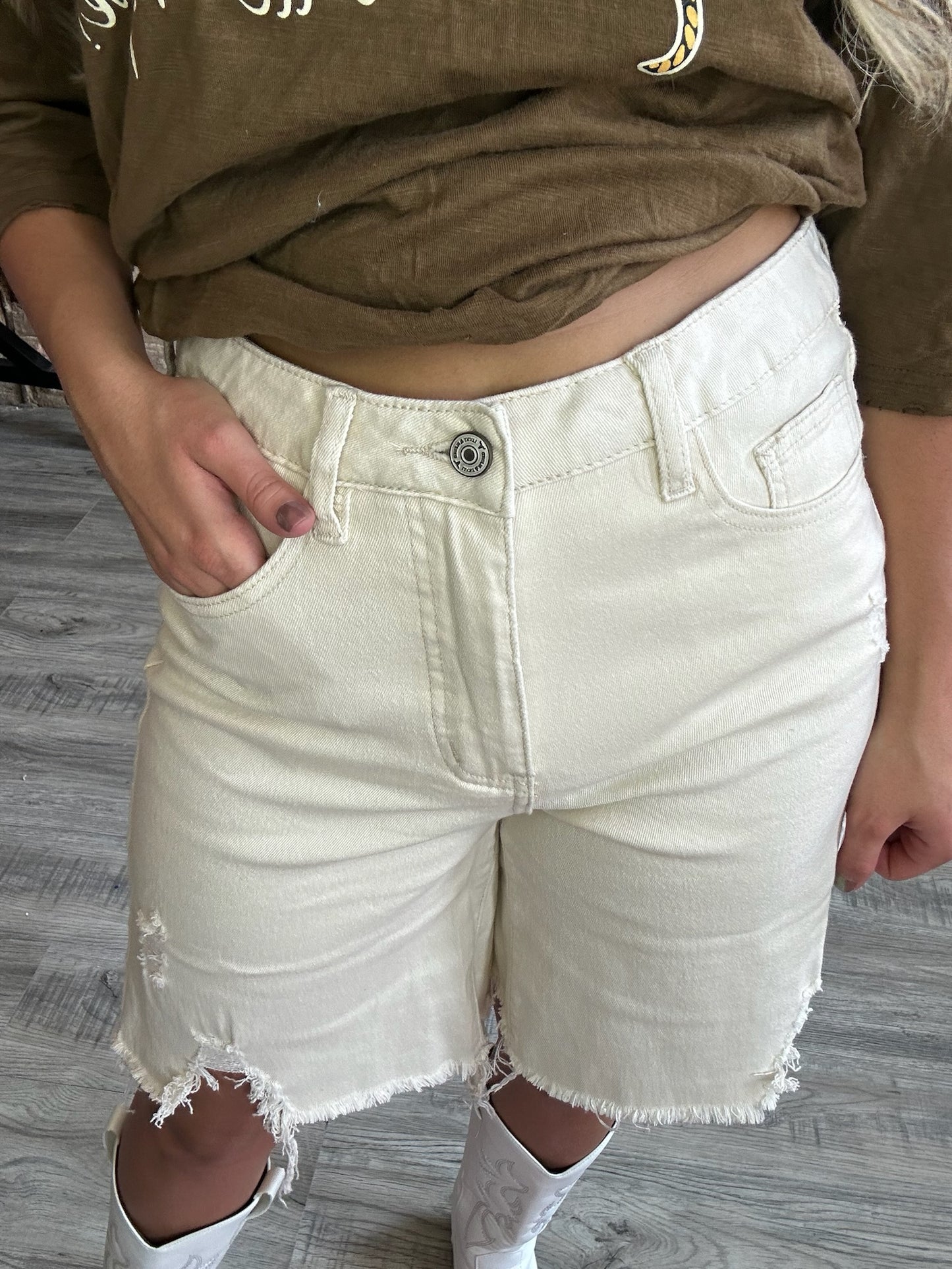 Ivory Denim High Rise Tummy Control Bermuda Shorts