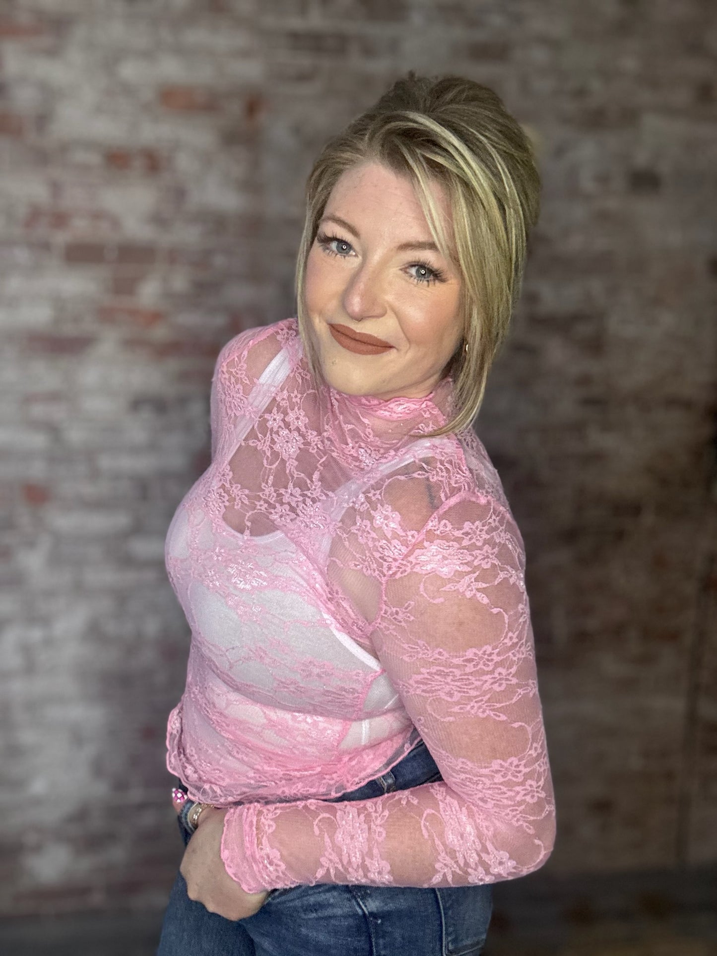 Long Sleeved Sheer Lace Mesh Layering Top ~ Pink