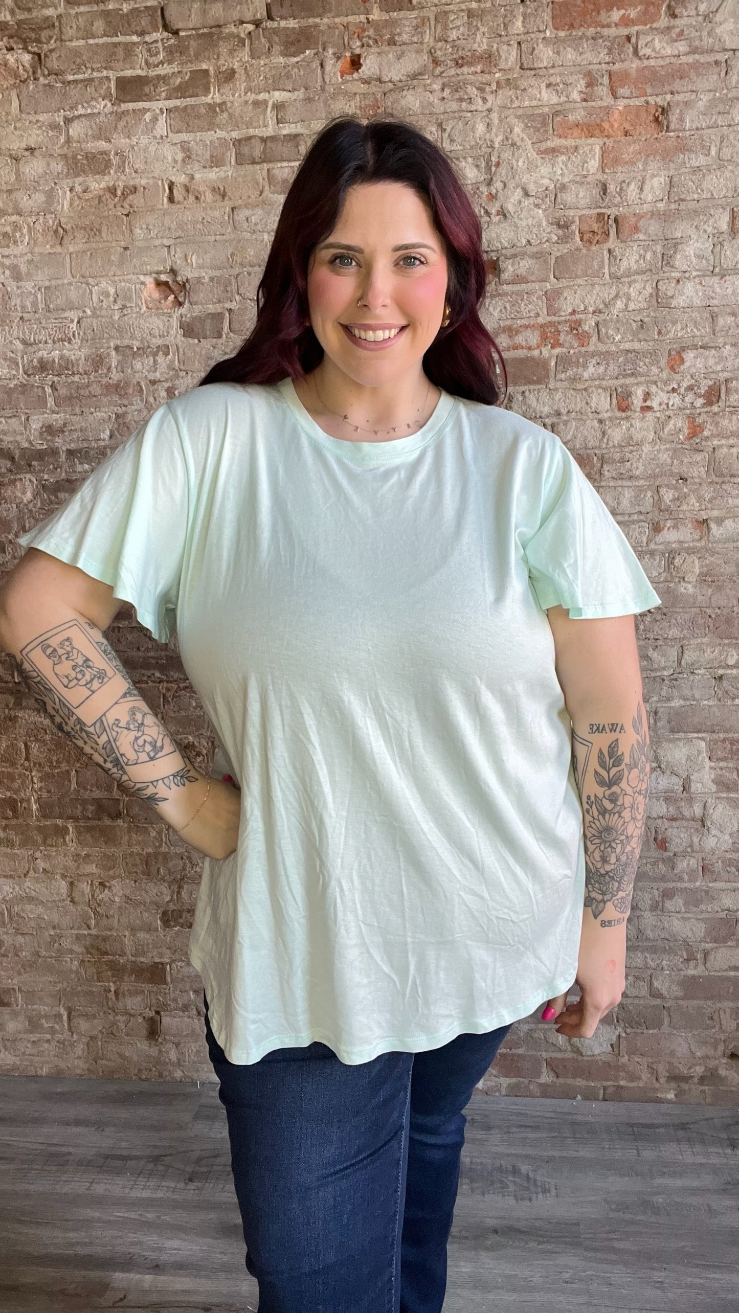 Curvy Solid Short Sleeve Flutter Top ~ Mint