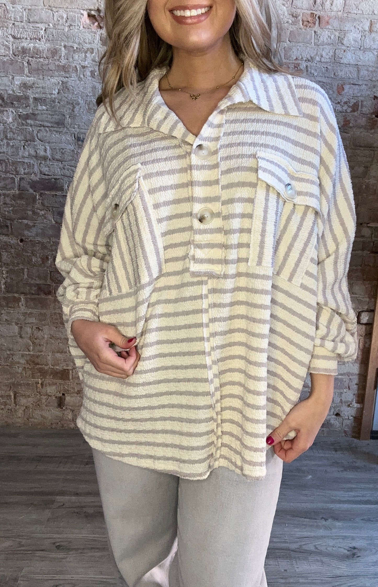 Collared Oversized Button Up Stripe Pullover Top ~ Taupe