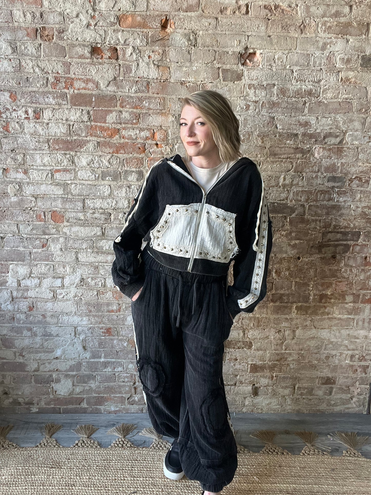 Black Jogger Pants with Gauze and Stud Details