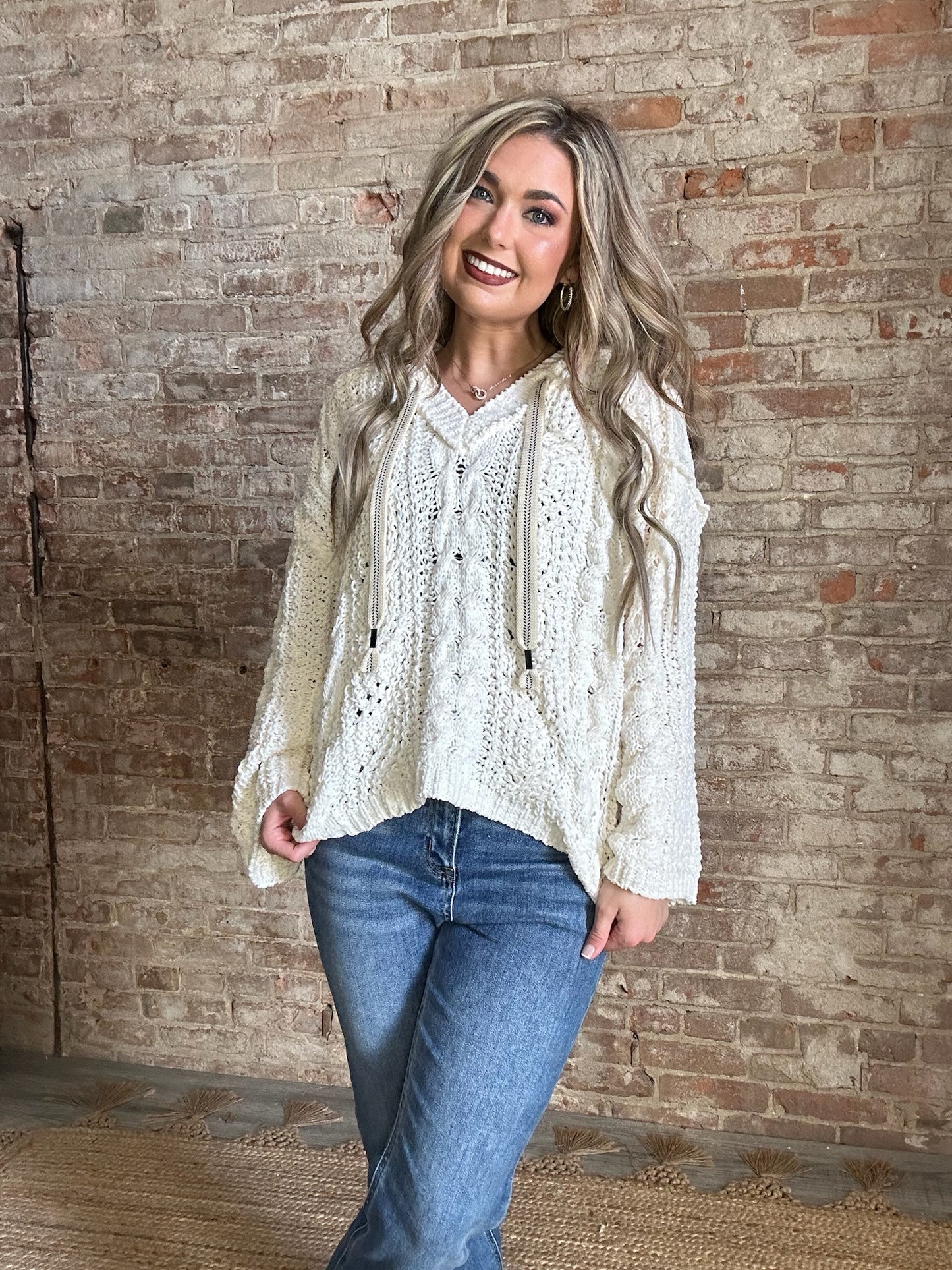 V Neck Hoodie Sweater ~ Cream