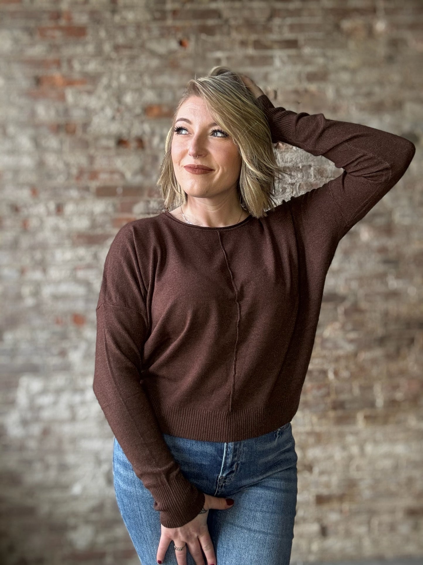 Comfy Front Seam Round Neck Sweater ~ Brown