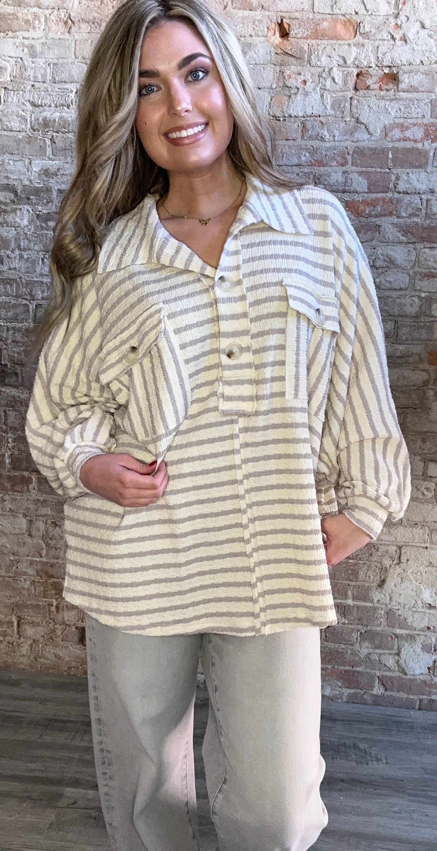 Collared Oversized Button Up Stripe Pullover Top ~ Taupe
