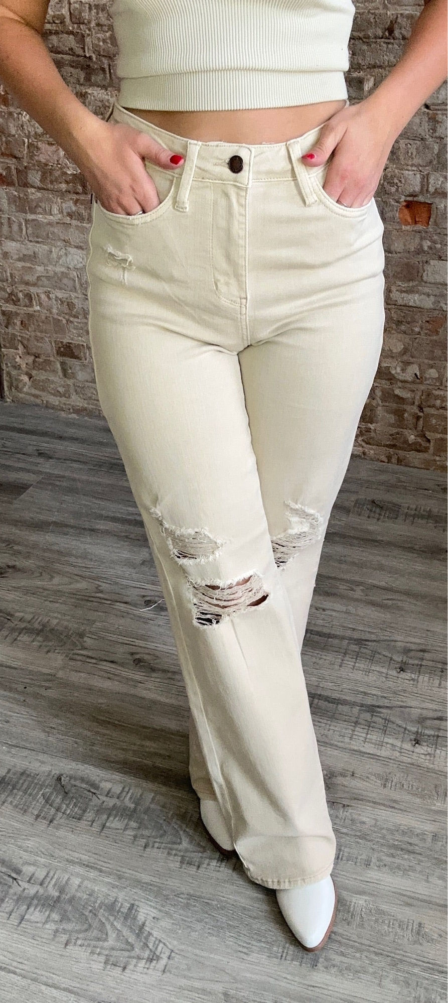Judy Blue High Waisted 90's Destroyed Straight Jeans ~ Bone