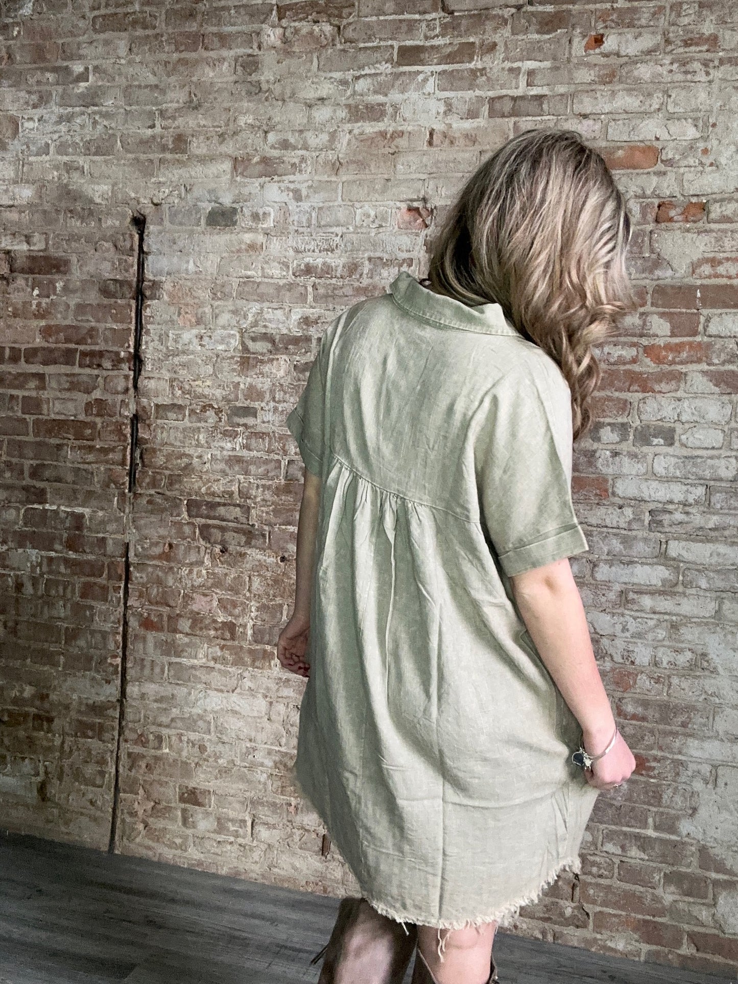 Washed Linen Raw Edge V-Neck Dress