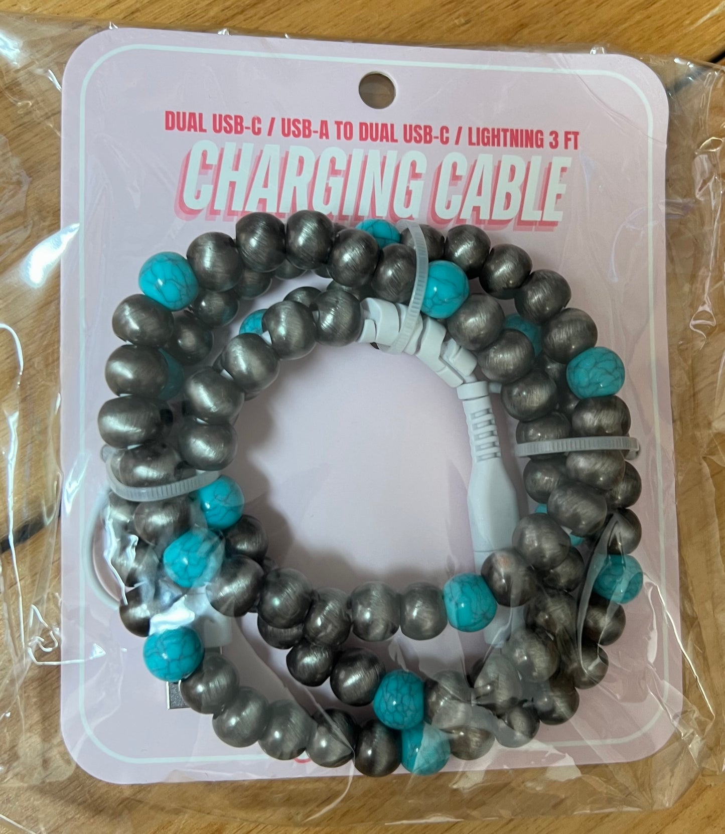 Cell Phone USB-C / USB-A 3ft Charging Cord ~ Turquoise & Silver Navajo Beads