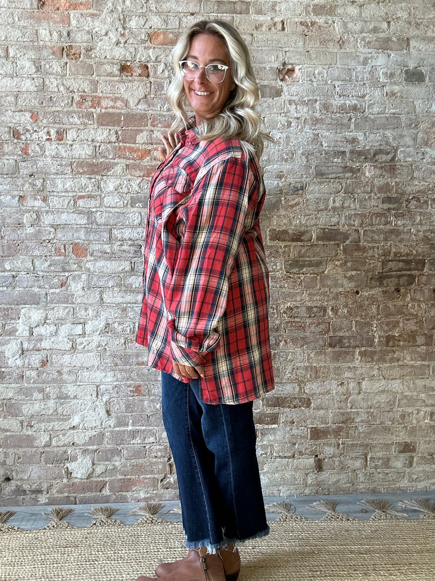 Curvy Plaid Soft Long Sleeved Flannel ~ Red