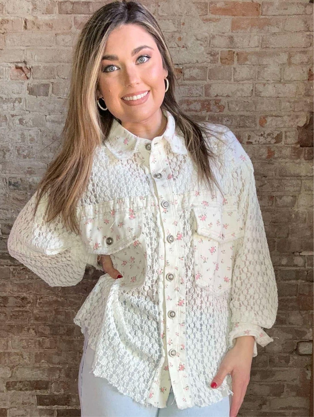 Long Sleeved Overshirt with Lace and Floral Detail