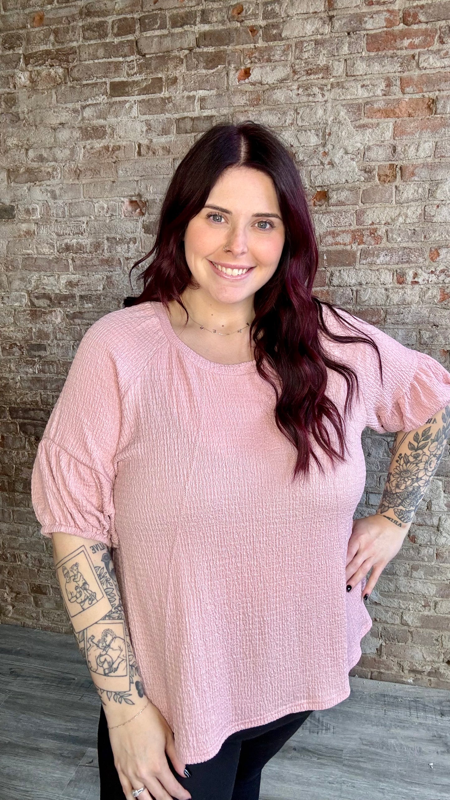 Curvy Textured Puff Sleeve Top ~ Blush