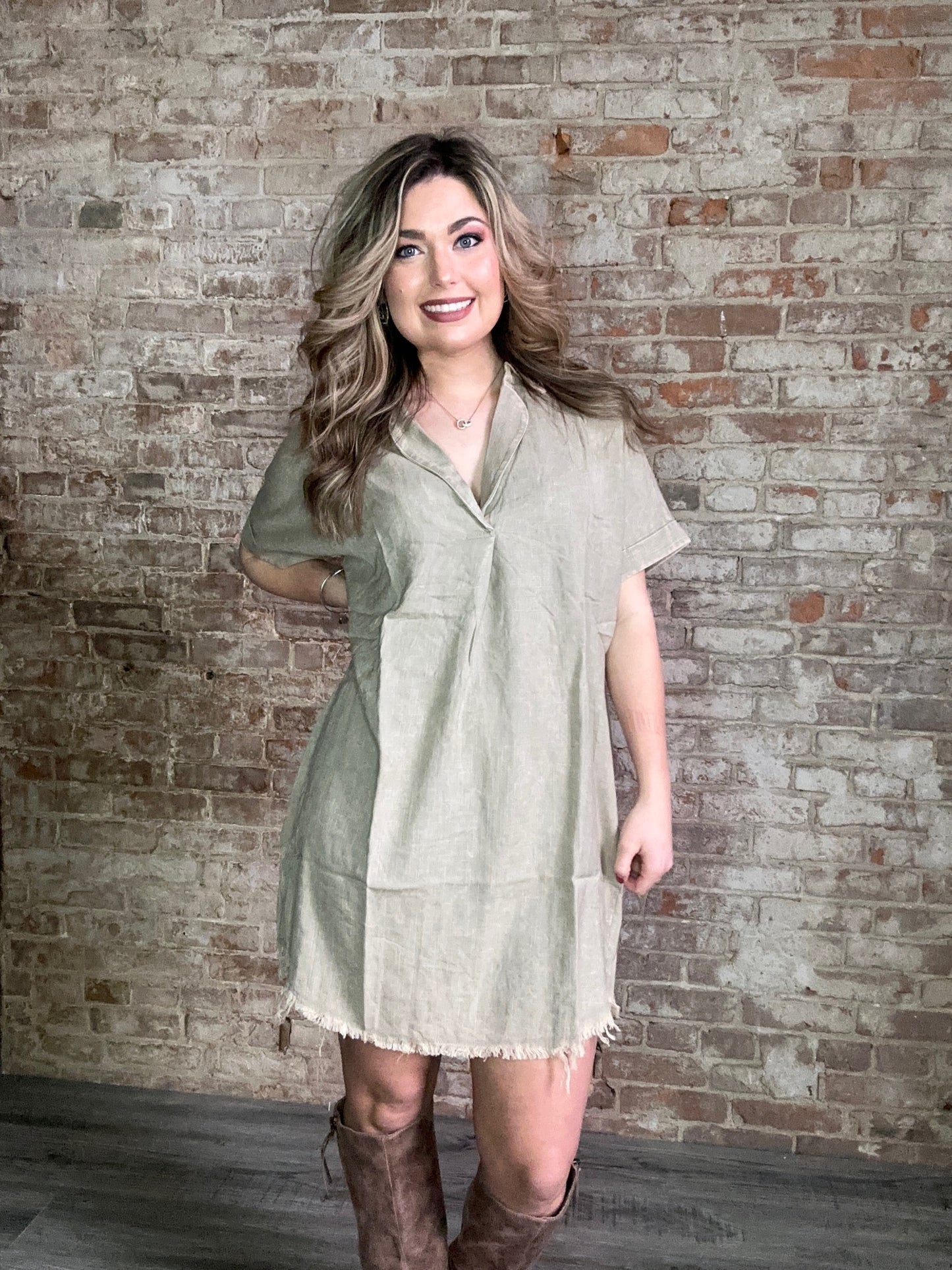 Washed Linen Raw Edge V-Neck Dress