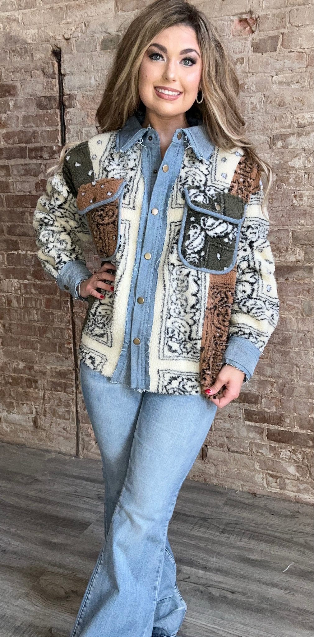 Bandana Print Mixed Sherpa Jacket