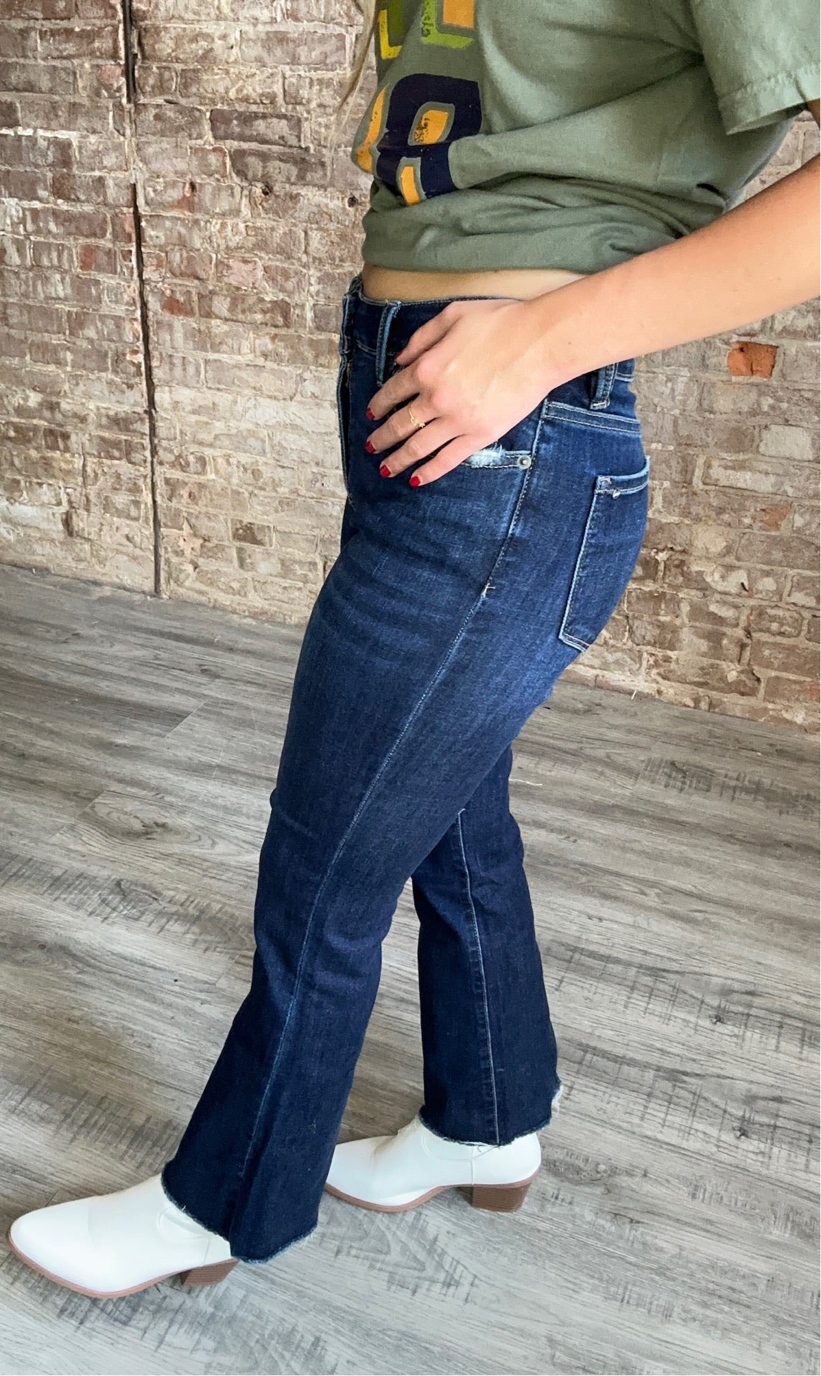 Mid Rise Boot Cut Crop Jeans