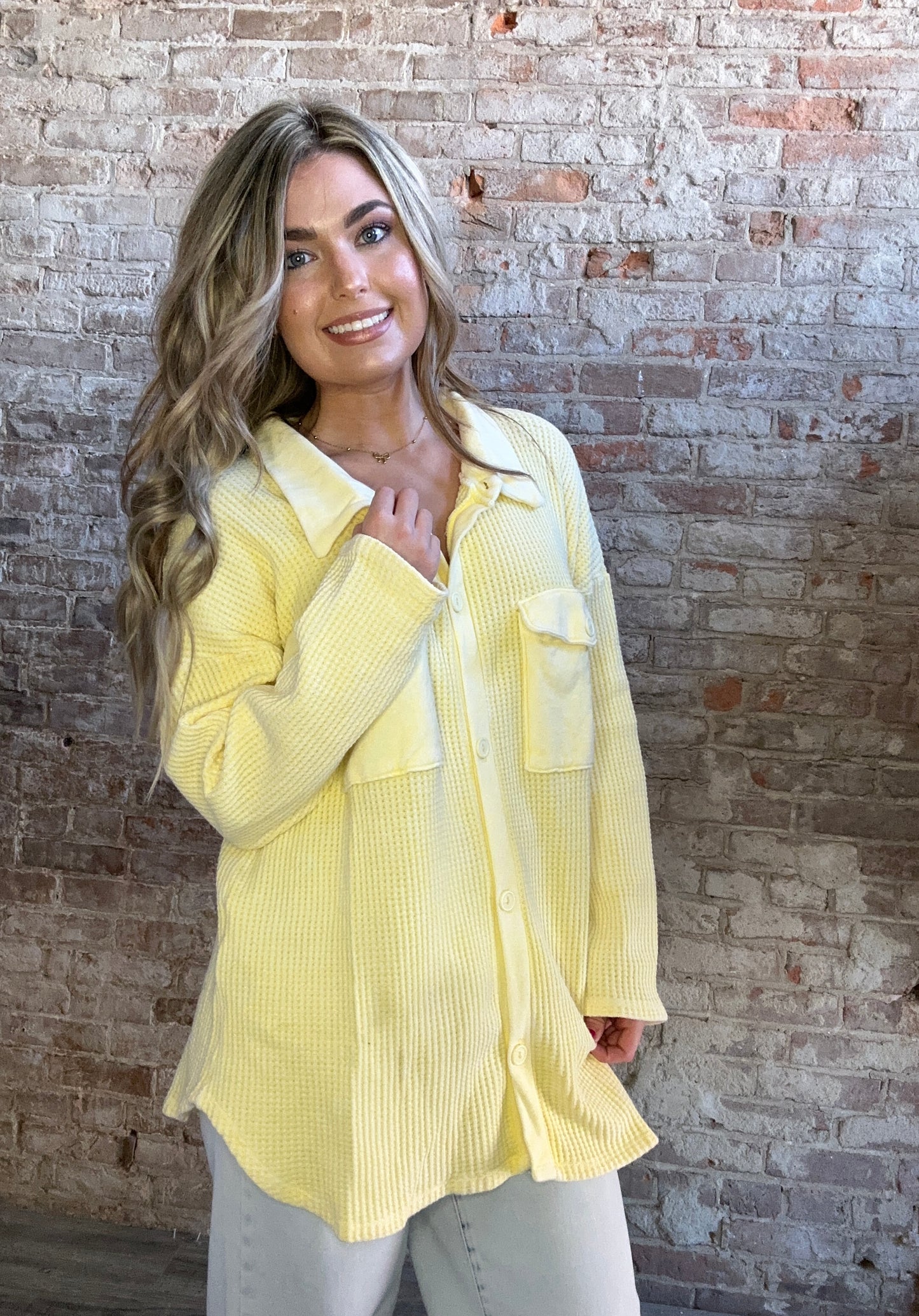 Vintage Wash Waffle Knit Shacket ~ Yellow