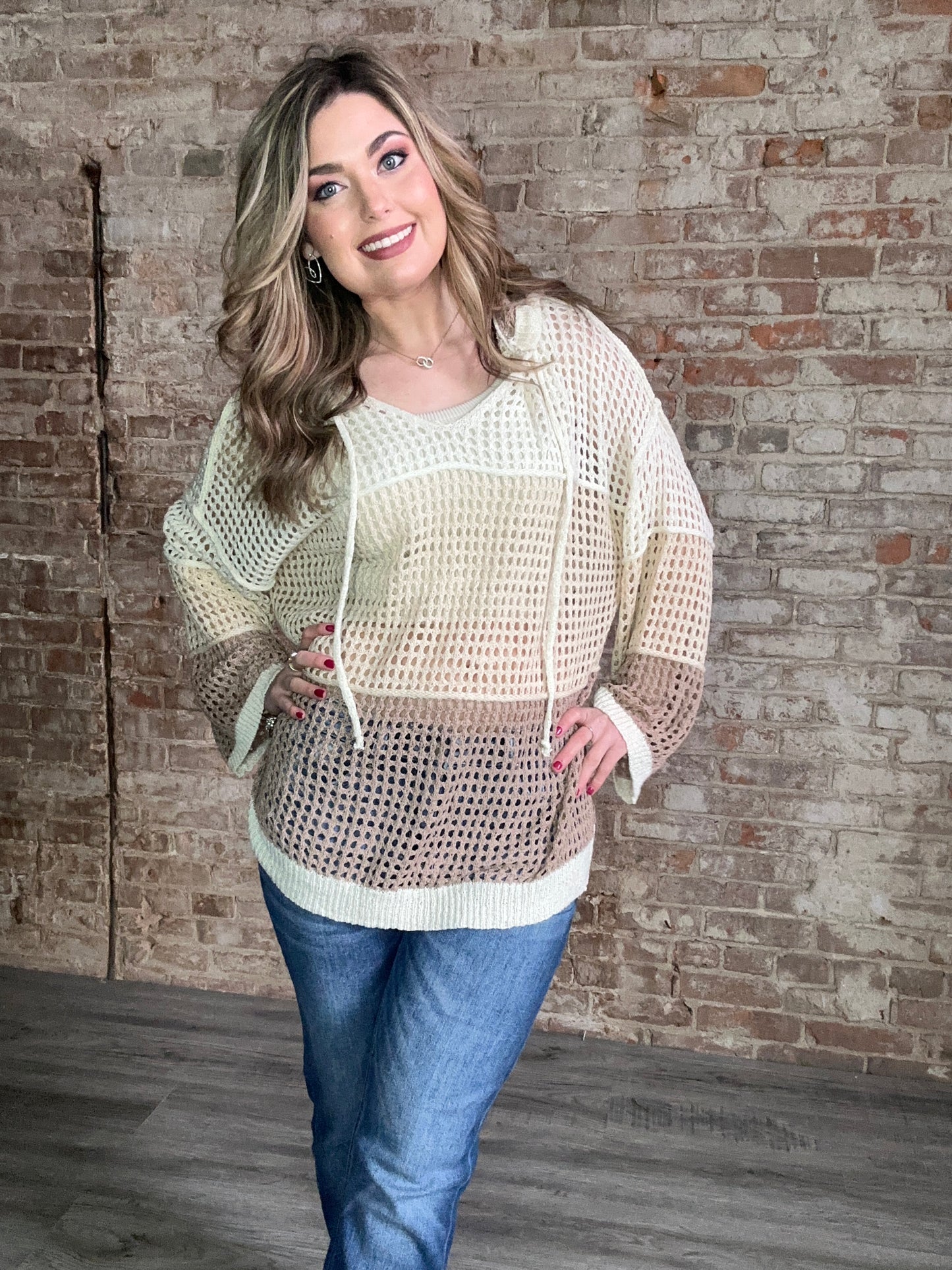 Contrasting Color Match Oversized Knit with Hood