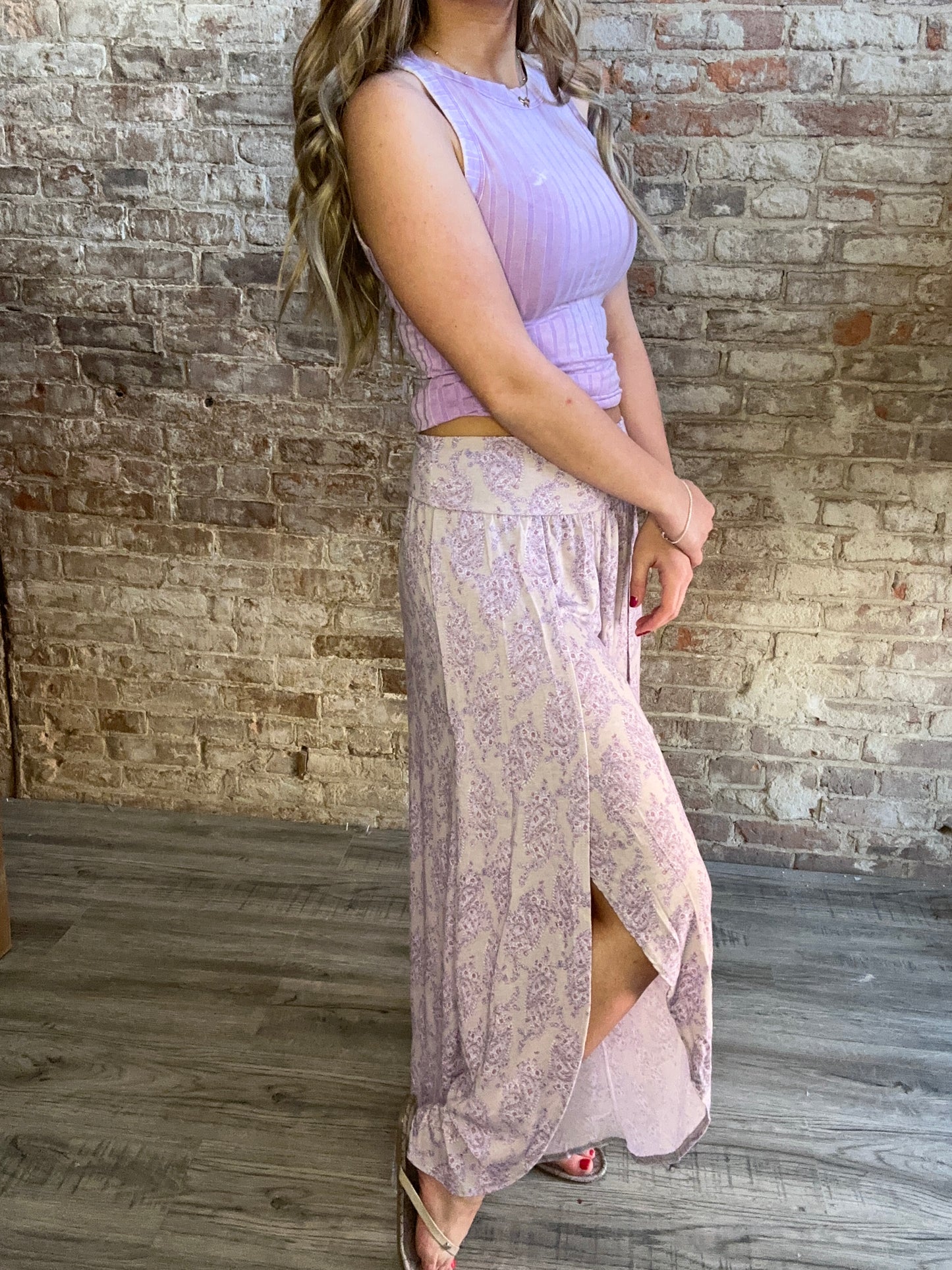 Floral High-Waisted Split Front Wide Leg Pants