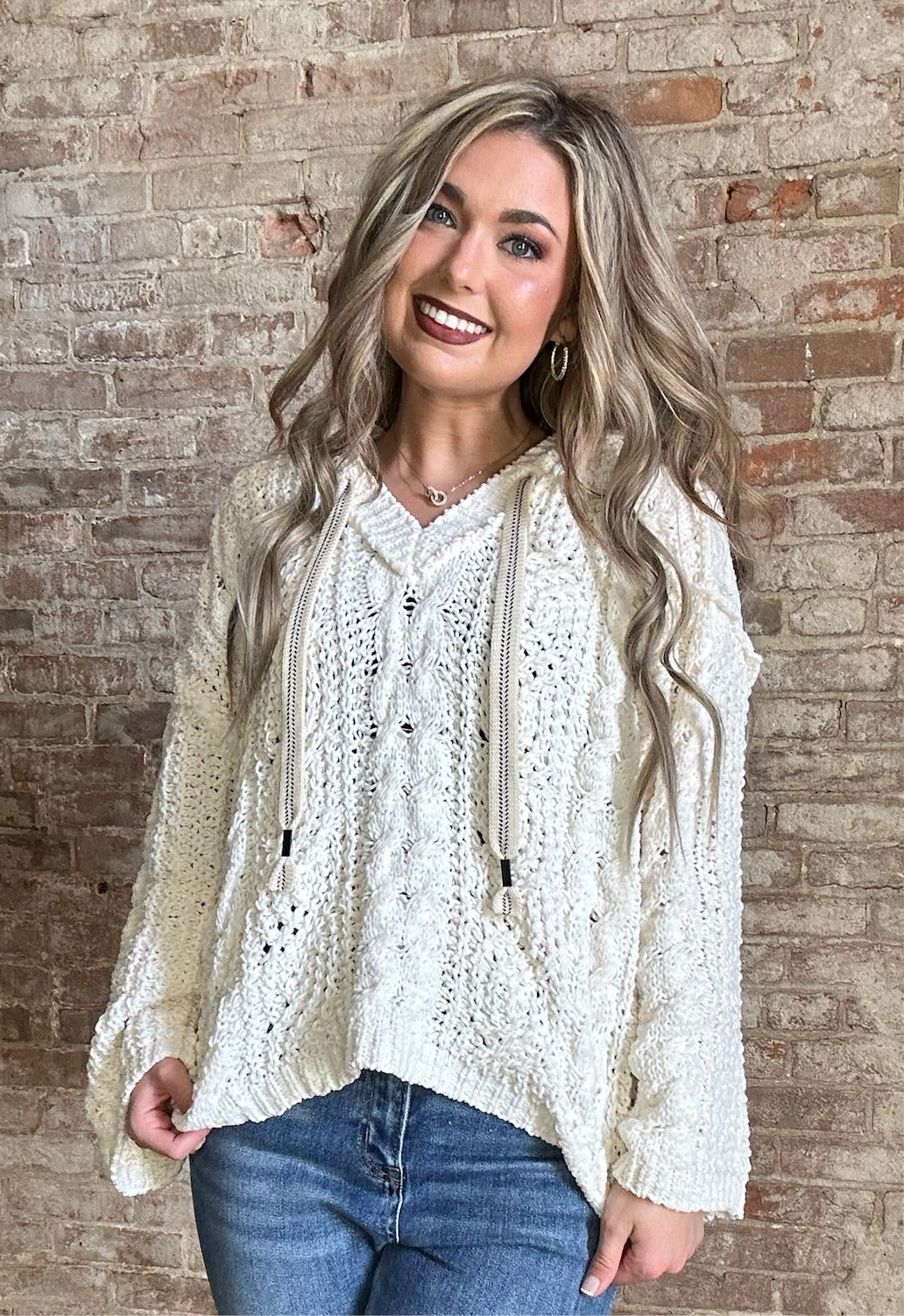 V Neck Hoodie Sweater ~ Cream