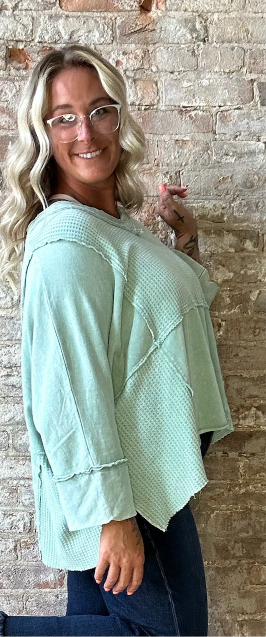 Curvy 3/4 Sleeved Mineral Washed Waffle Knit ~ Turquoise