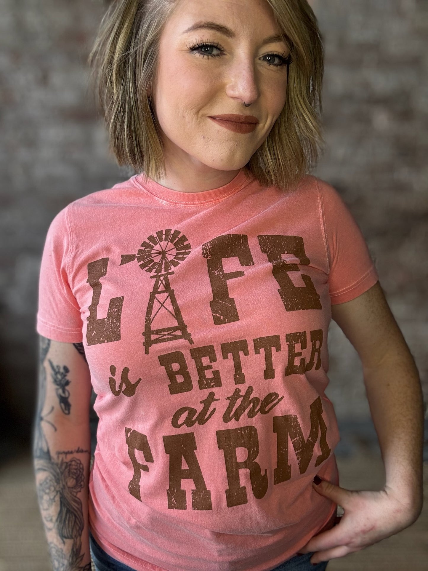 LIFE is Better at the Farm Mineral Wash Relaxed Fit ~ Coral