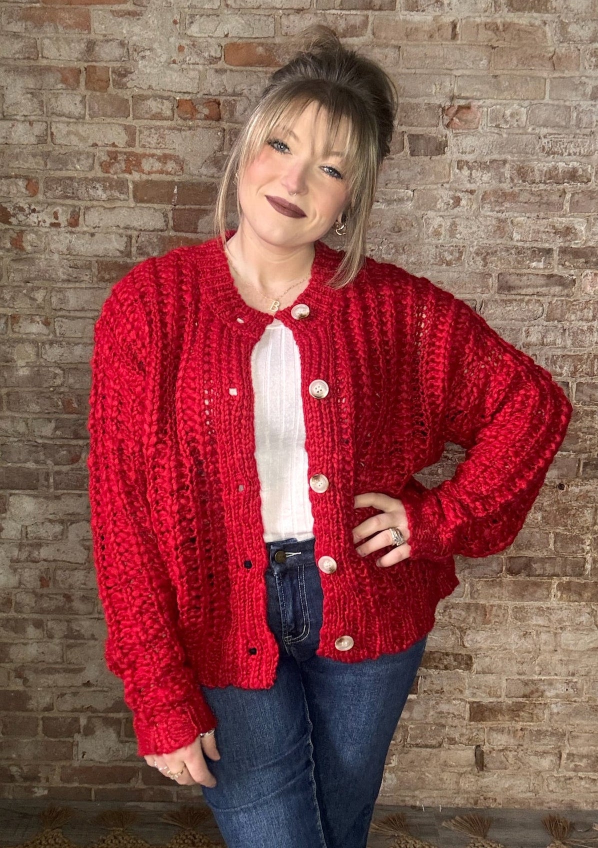 Chunky Knit Cardigan ~ Red