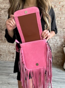 Western Genuine Leather Hand Tooled Fringe Crossbody Purse ~ Pink