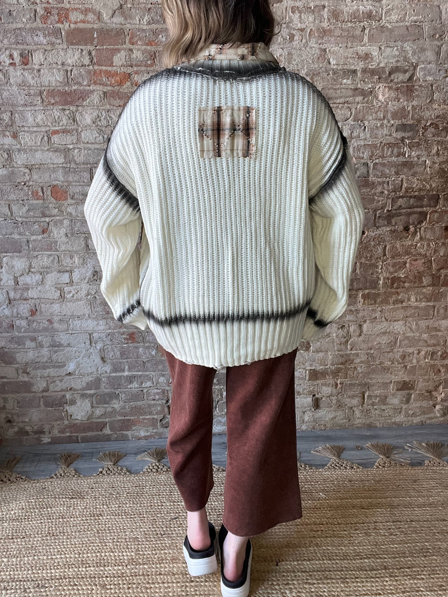 Long Distressed Cardigan with Rust Color Trim