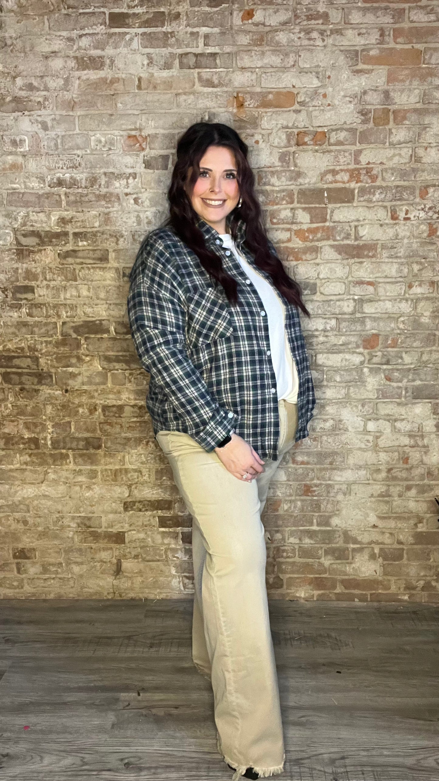 Curvy Button Down Plaid ~ Green and Navy