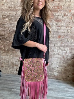 Western Genuine Leather Hand Tooled Fringe Crossbody Purse ~ Pink