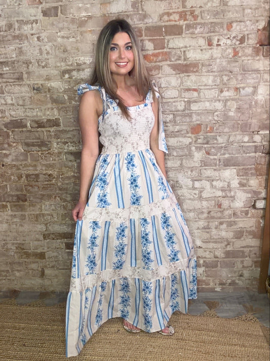 Floral Patched Dress ~ Blue & Tan