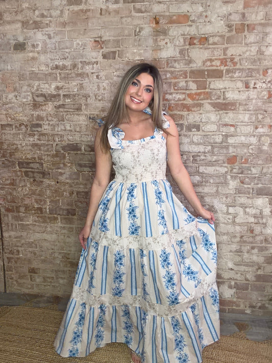 Floral Patched Dress ~ Blue & Tan