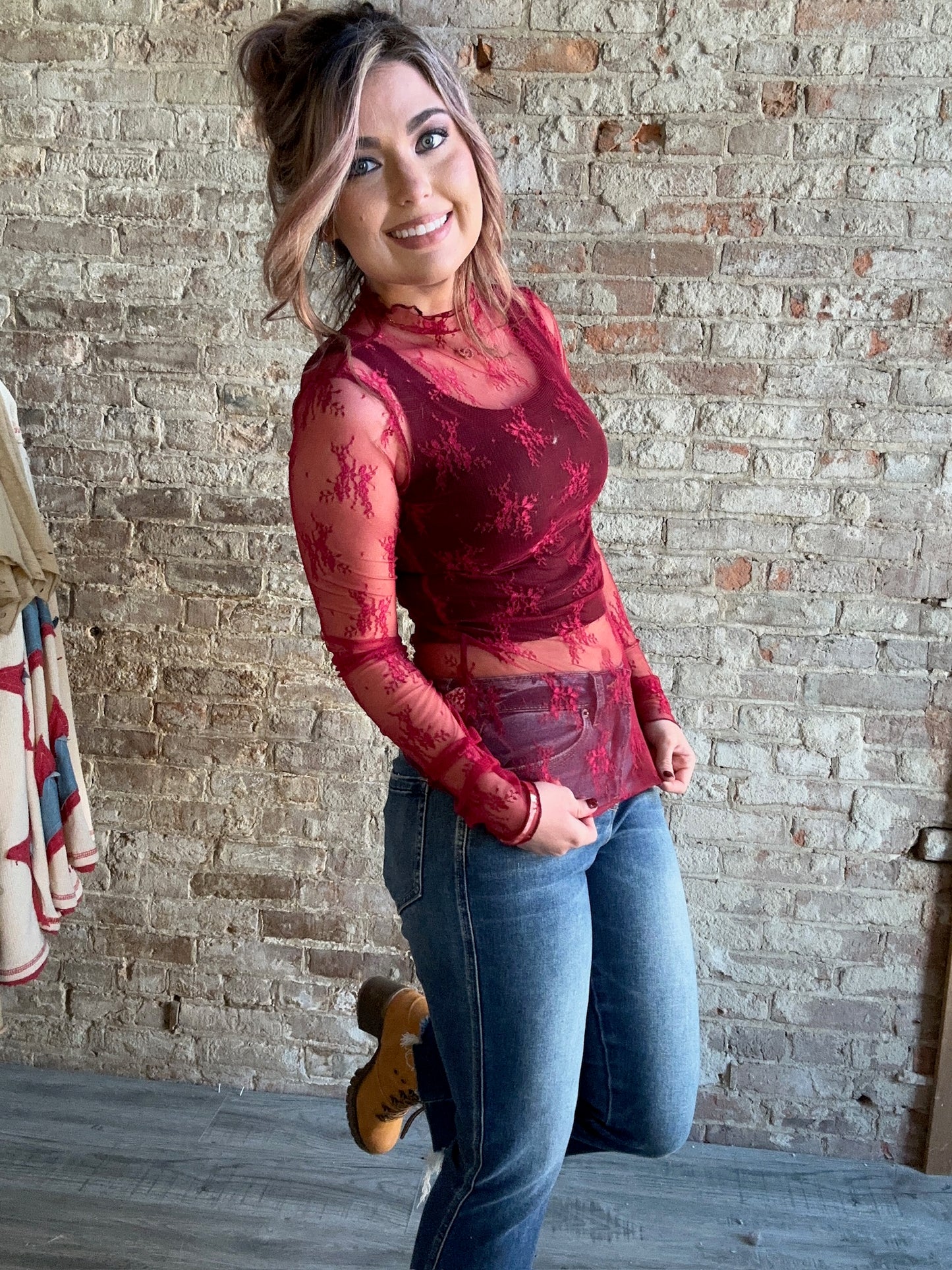 Long Sleeved Sheer Lace Mesh Layering Top ~ Red