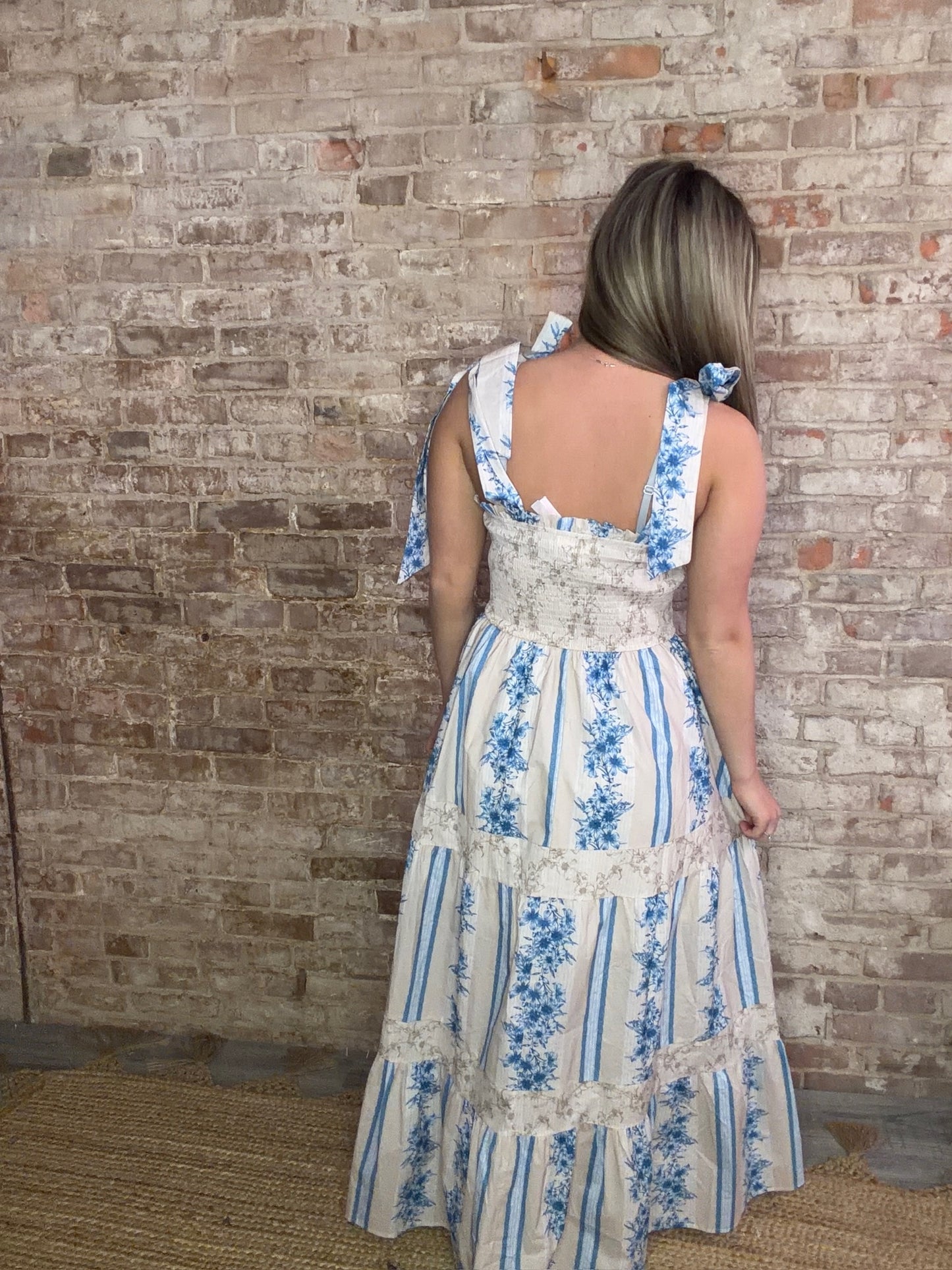 Floral Patched Dress ~ Blue & Tan