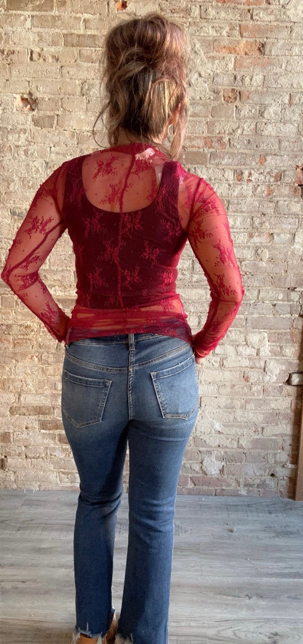 Long Sleeved Sheer Lace Mesh Layering Top ~ Red