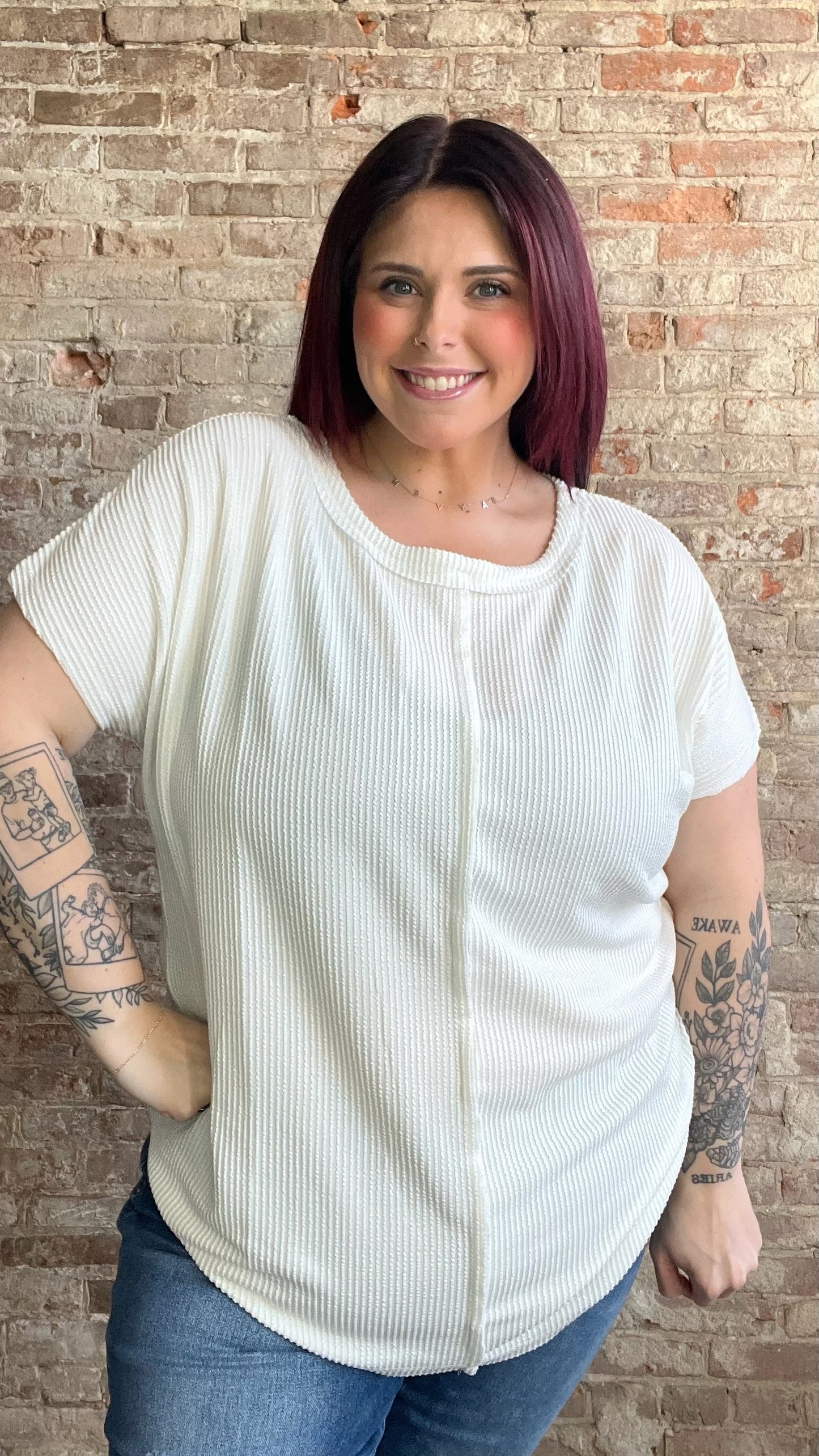 Curvy Wave Ribbed Top ~ White