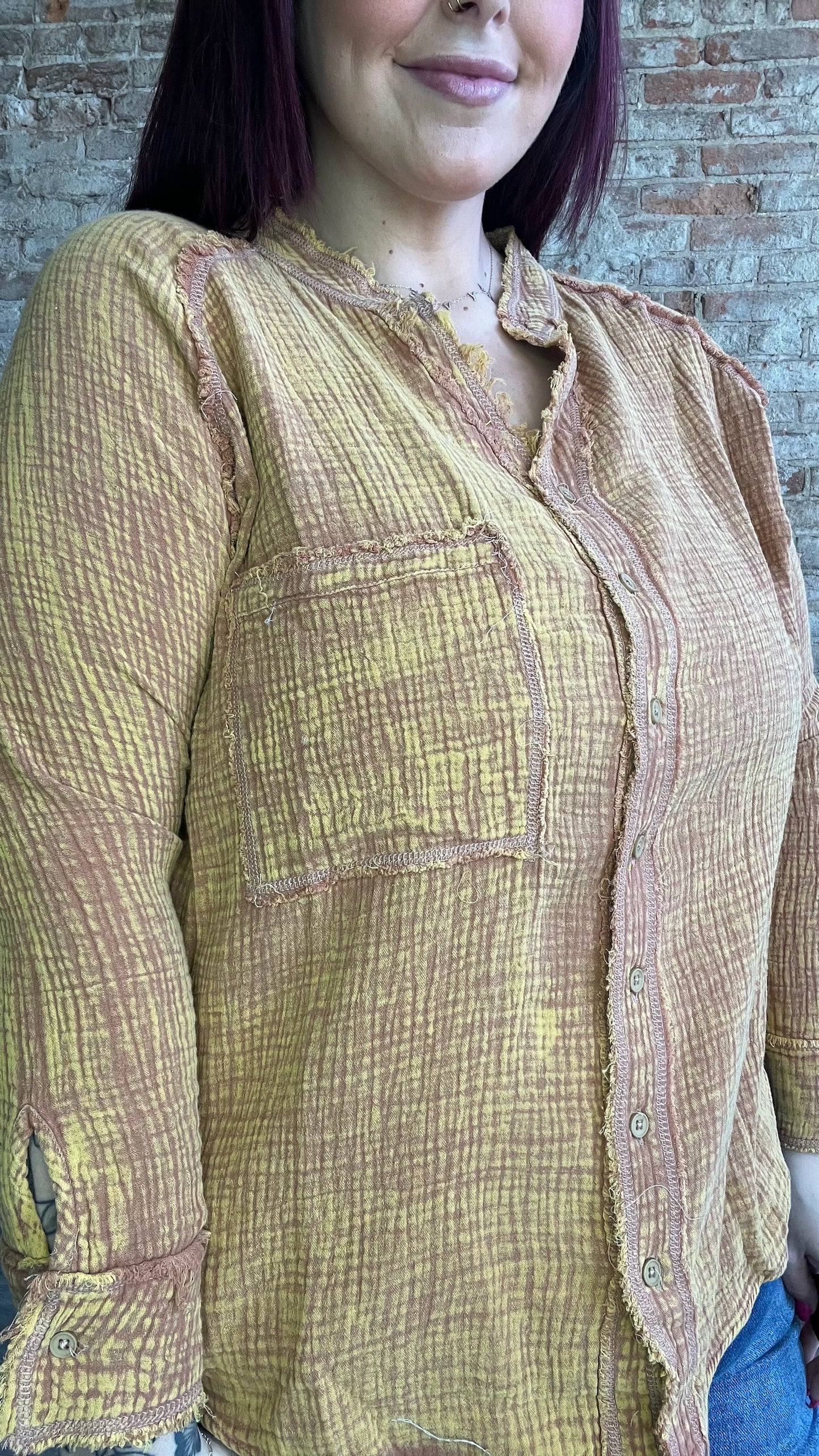 Curvy Gauze Long Sleeved Button Up with Stand Up Collar~ Taupe