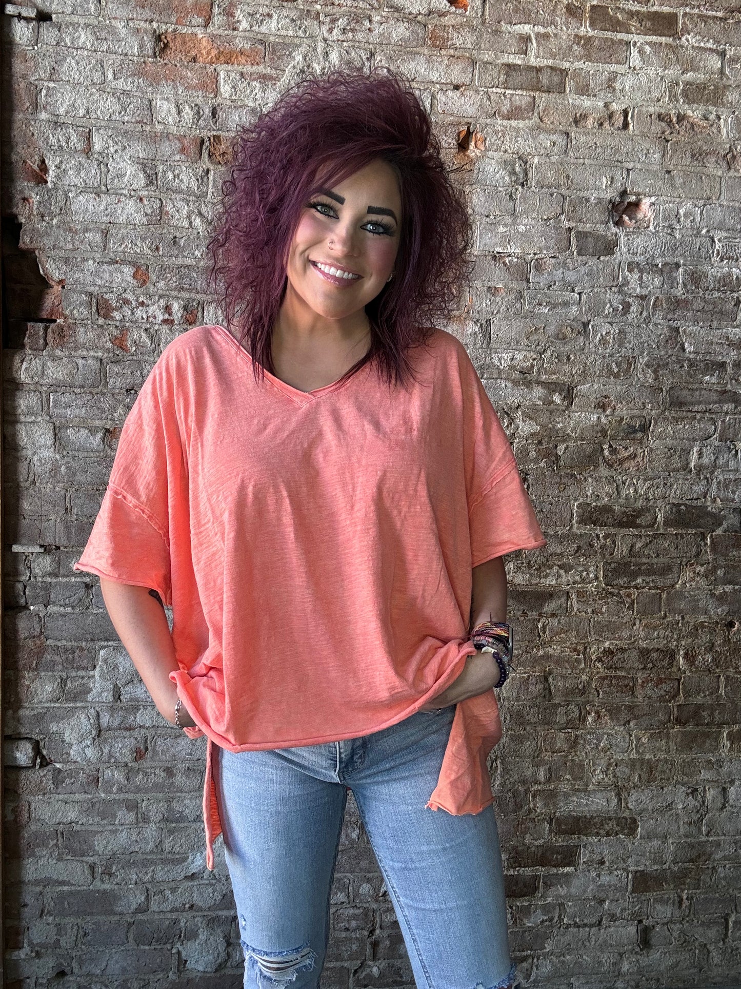 Mineral Washed V Neck Raw Hem Tee ~ Peachy Pink