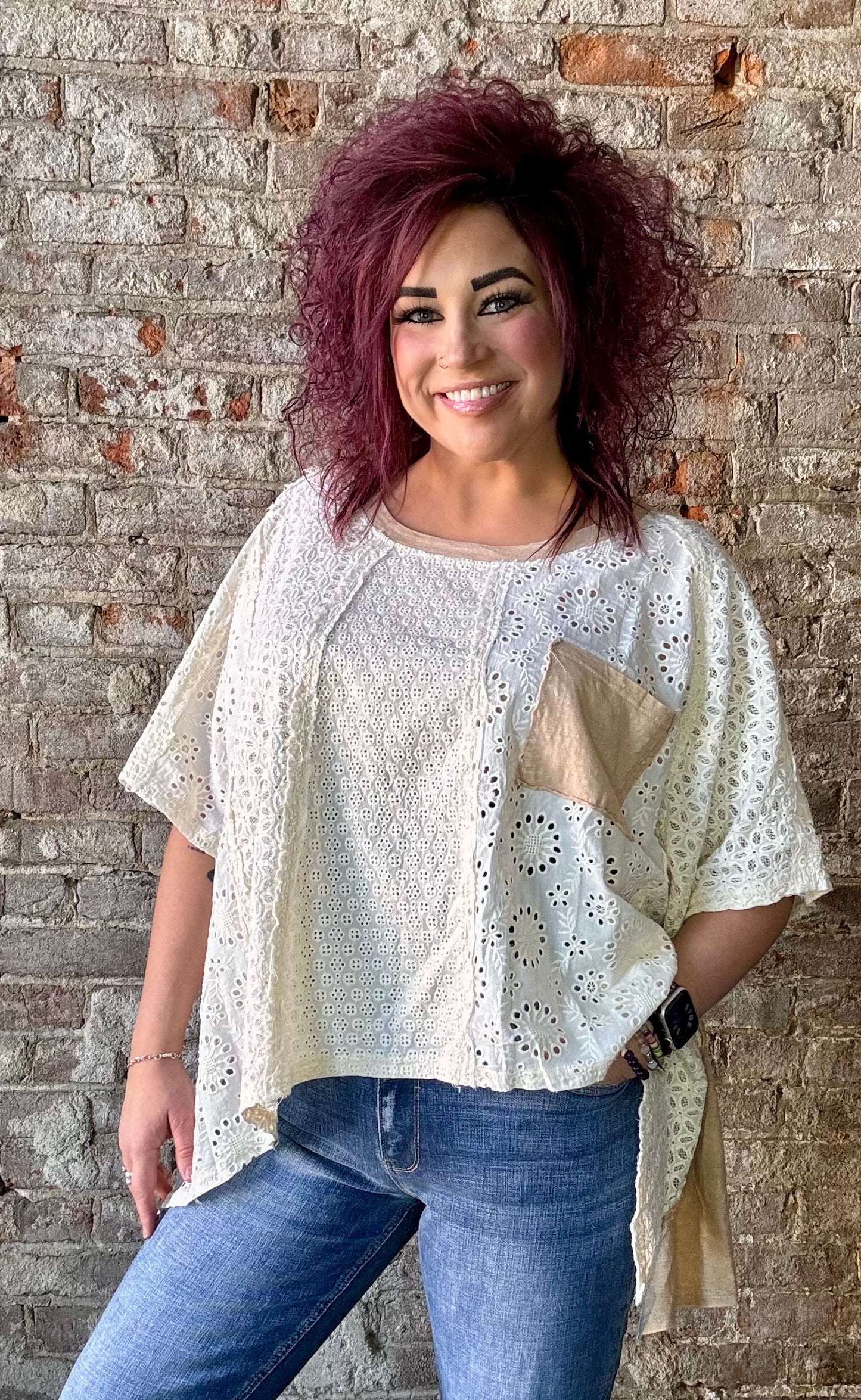 Sweet Washed Eyelet Top ~ Natural