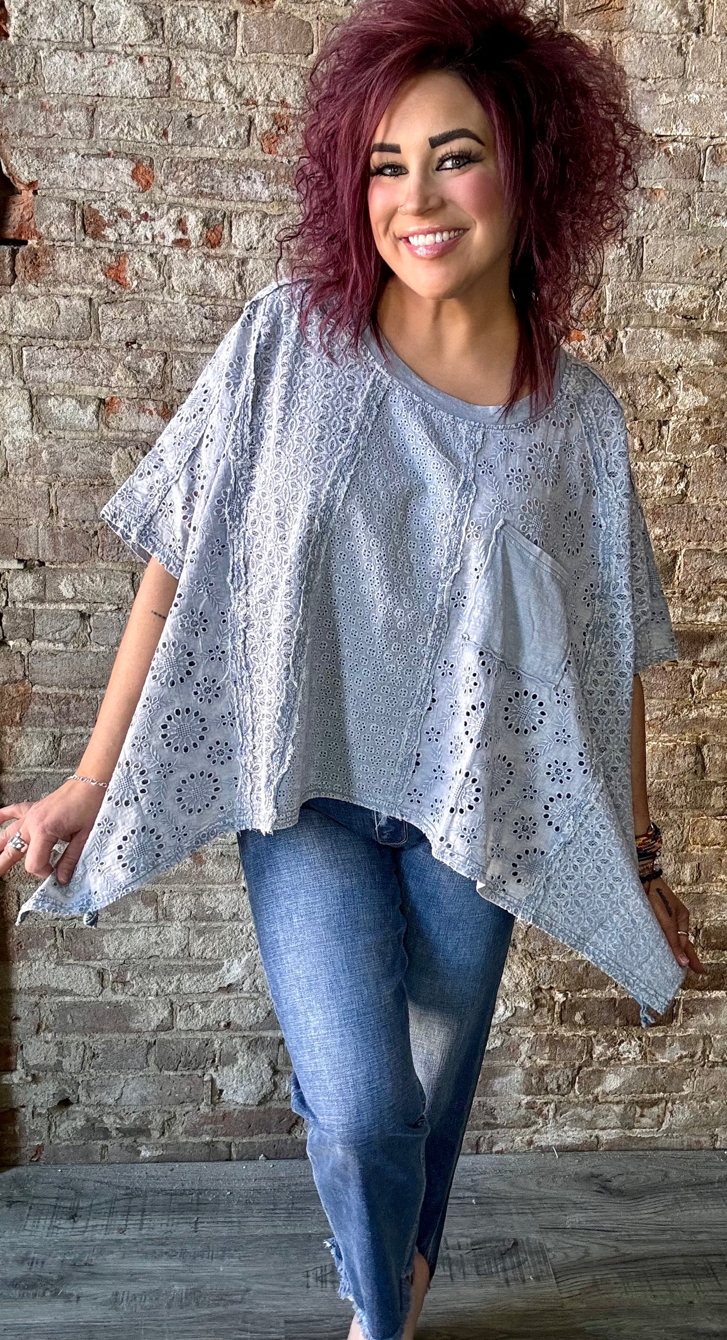 Sweet Washed Eyelet Top ~ Blue