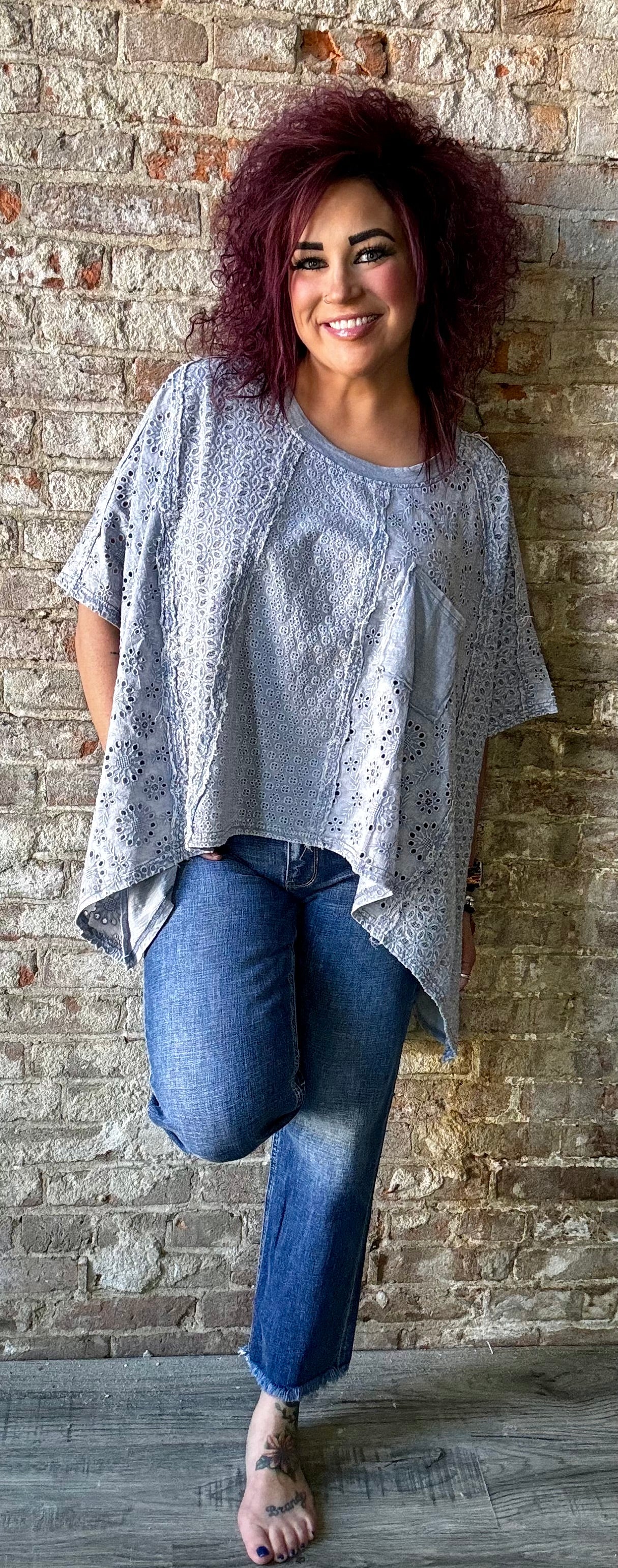 Sweet Washed Eyelet Top ~ Blue