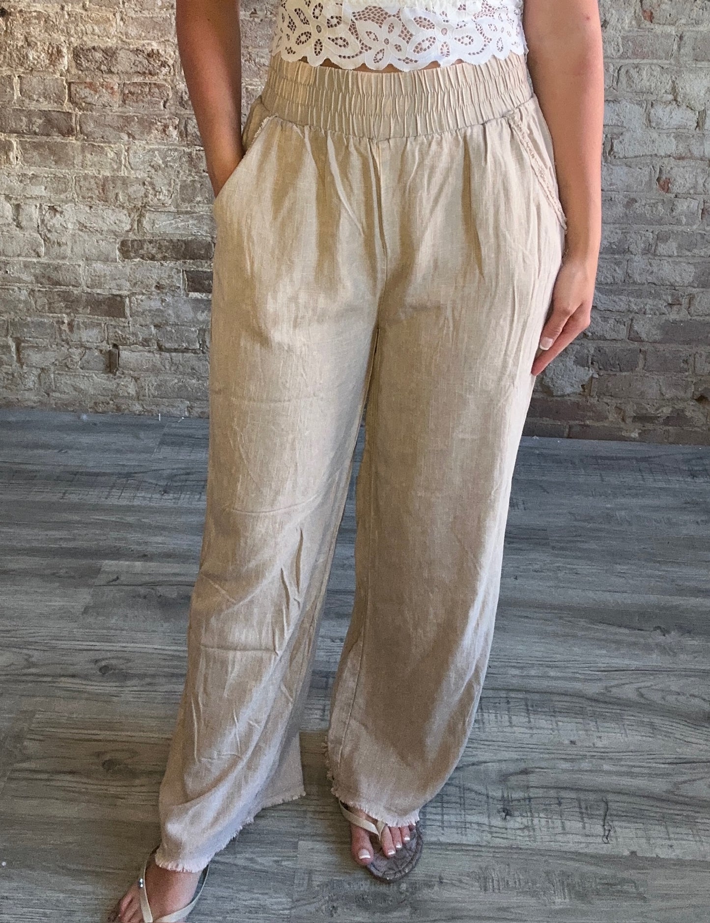 Washed Linen Frayed Hem Elastic Waist Pants with Pockets ~ Mocha