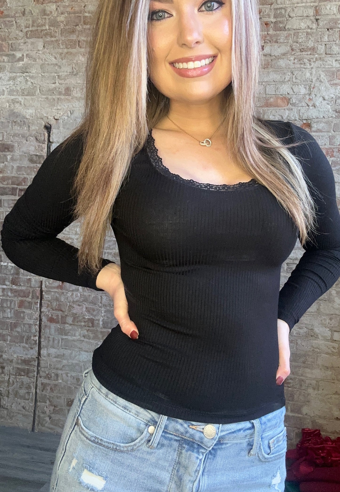 Long Sleeve Scoop Neck with Lace Trim Rib Knit Top