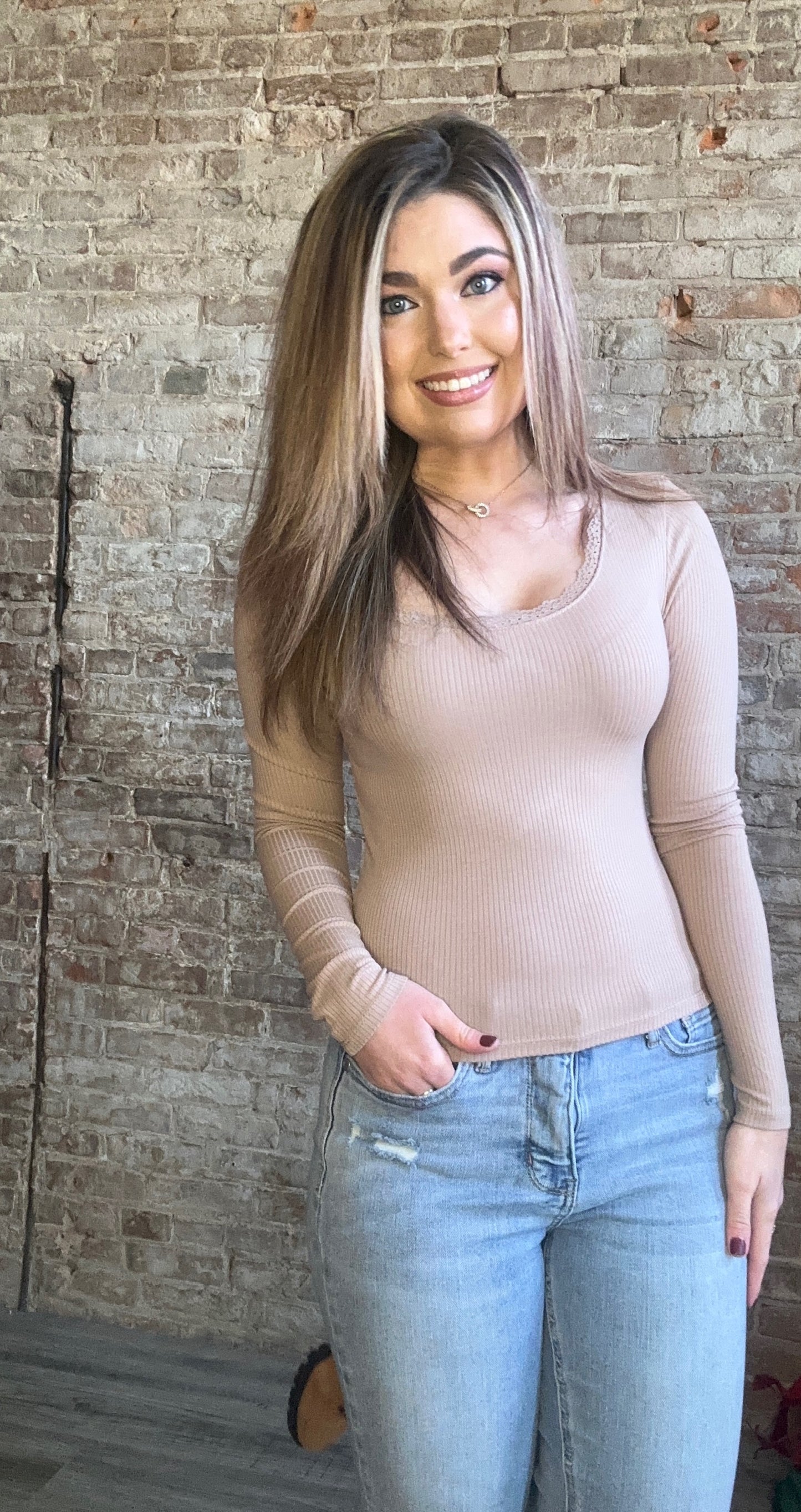 Long Sleeve Scoop Neck with Lace Trim Rib Knit Top