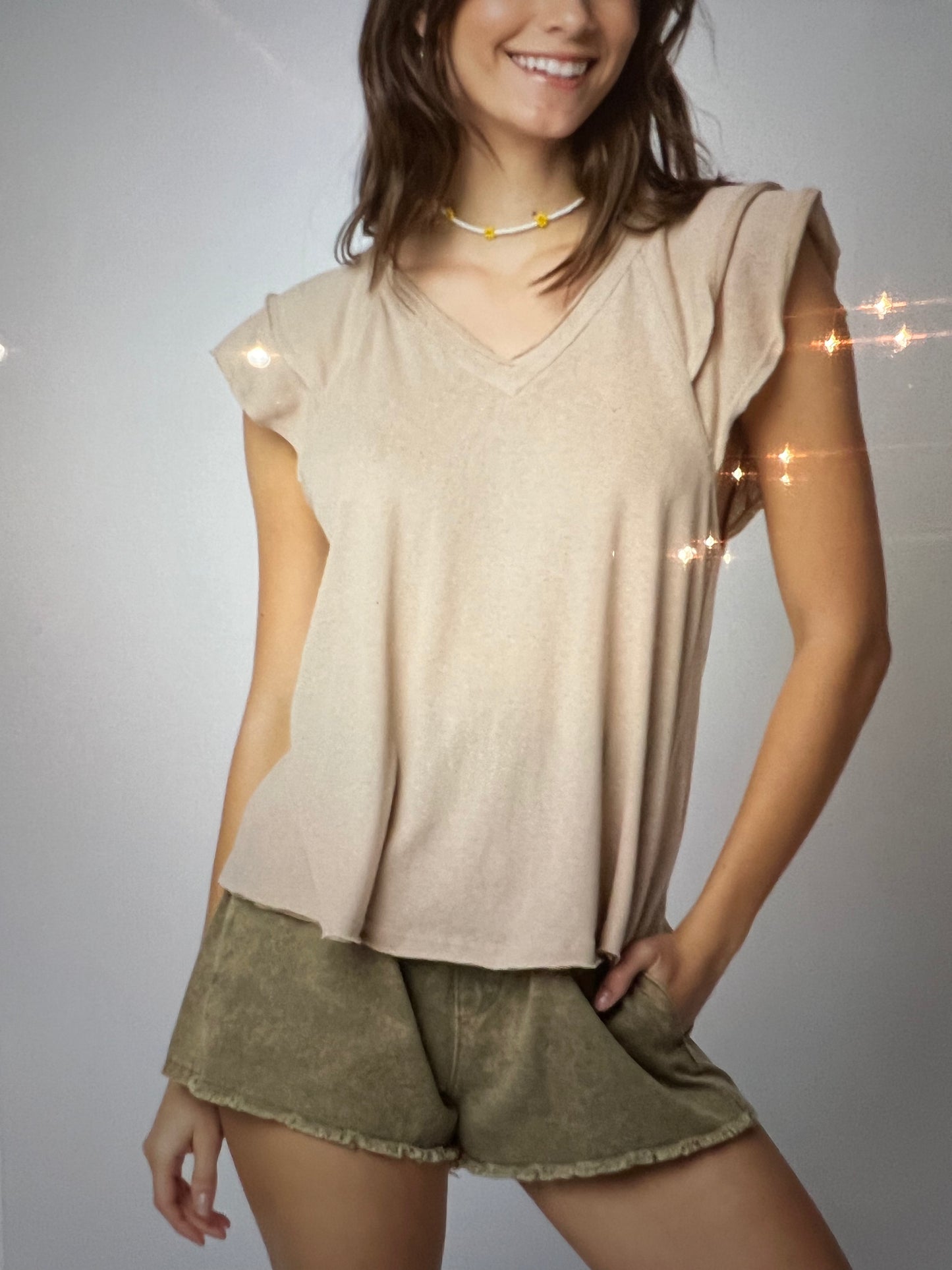 Ruffle Cap Sleeved Top ~ Natural