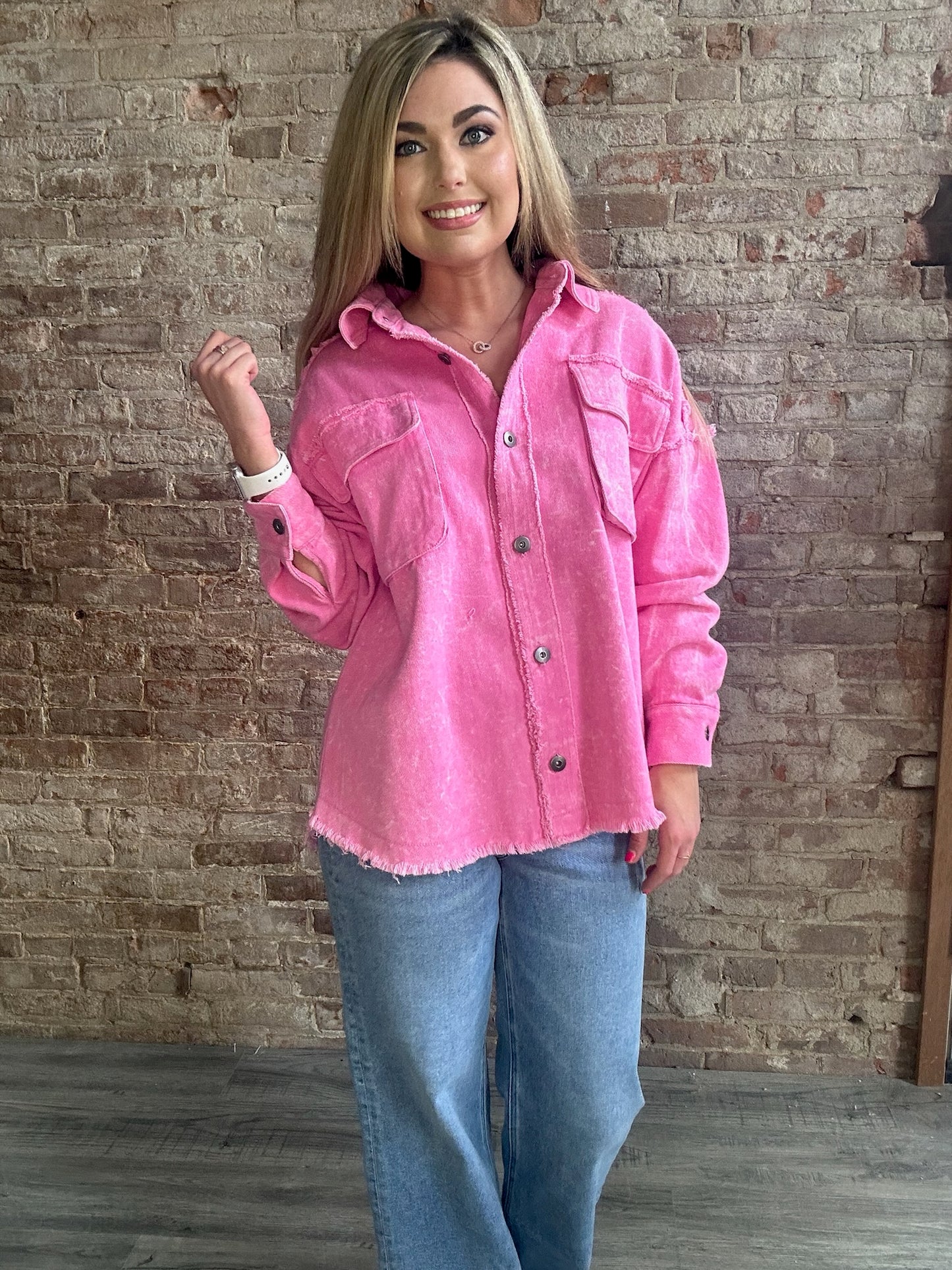 Washed Oversized Casual Denim Shacket ~ Pink